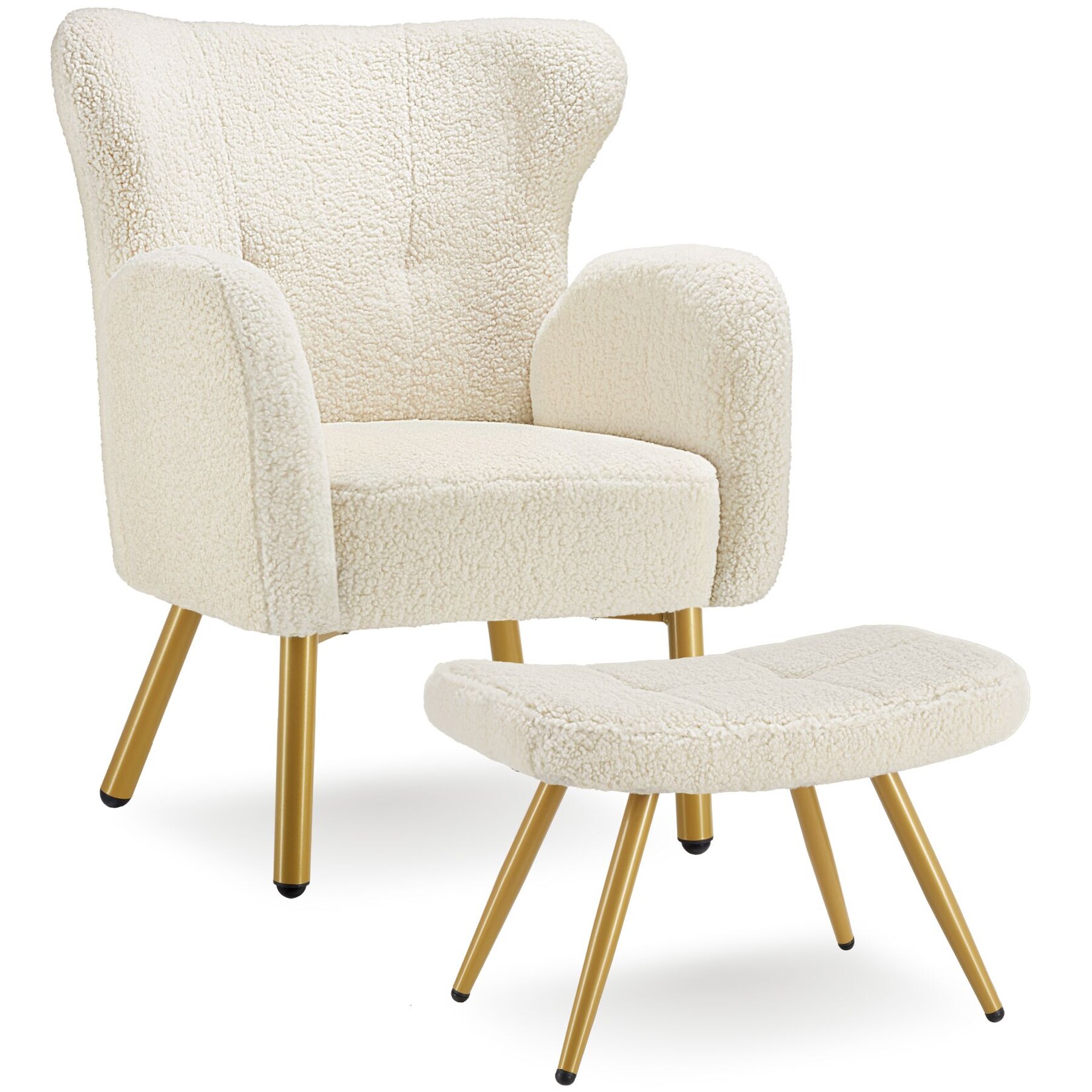 tectake® Sessel mit Hocker, dick gepolstert, mit Bouclé-Bezug, runde, galvanisierte Stahlbeine, Belastbarkeit 120 kg