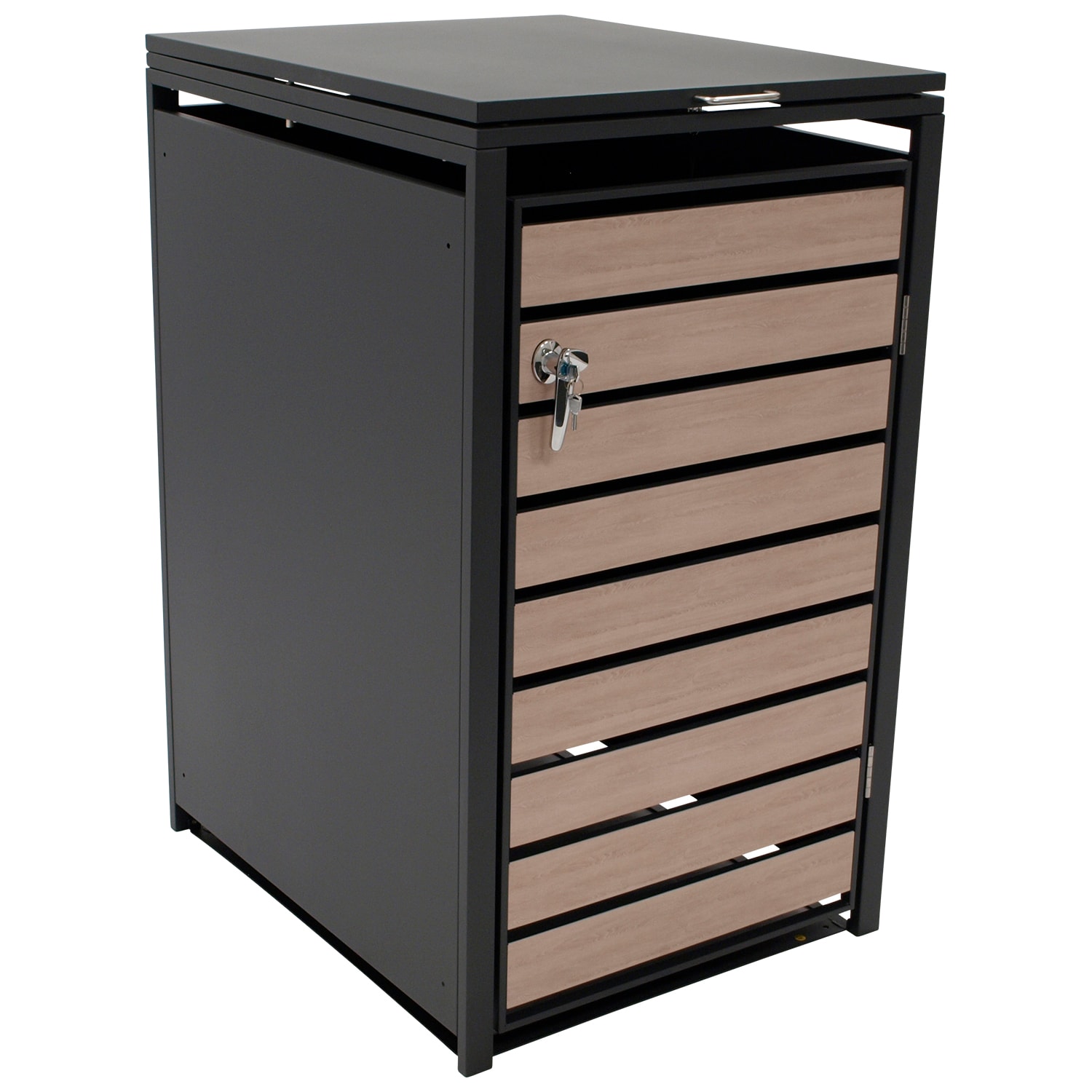 M&uuml;lltonnenbox BERLIN 68x80x116cm f&uuml;r Tonnen 120 und 240 Liter, Stahl anthrazit mit T&uuml;ren Holzoptik - Bild 1