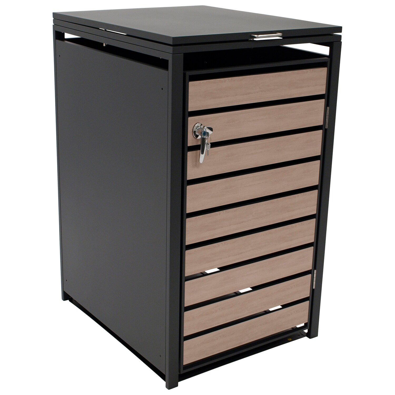 Mülltonnenbox BERLIN 68x80x116cm für Tonnen 120 und 240 Liter, Stahl anthrazit mit Türen Holzoptik