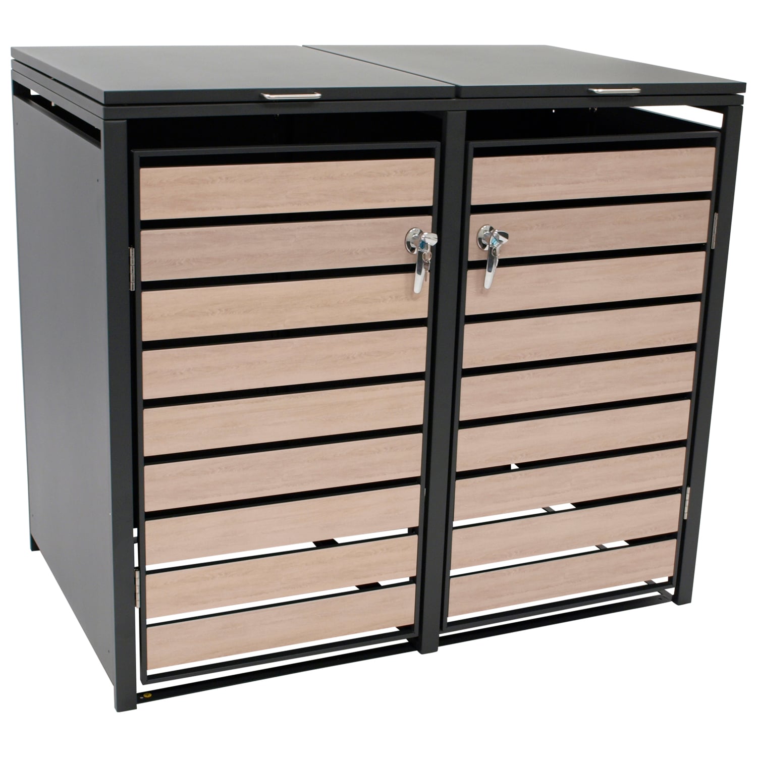 M&uuml;lltonnenbox BERLIN 132x80x116cm f&uuml;r 2x Tonnen 120 und 240 Liter, Stahl anthrazit mit T&uuml;ren Holzoptik - Bild 1