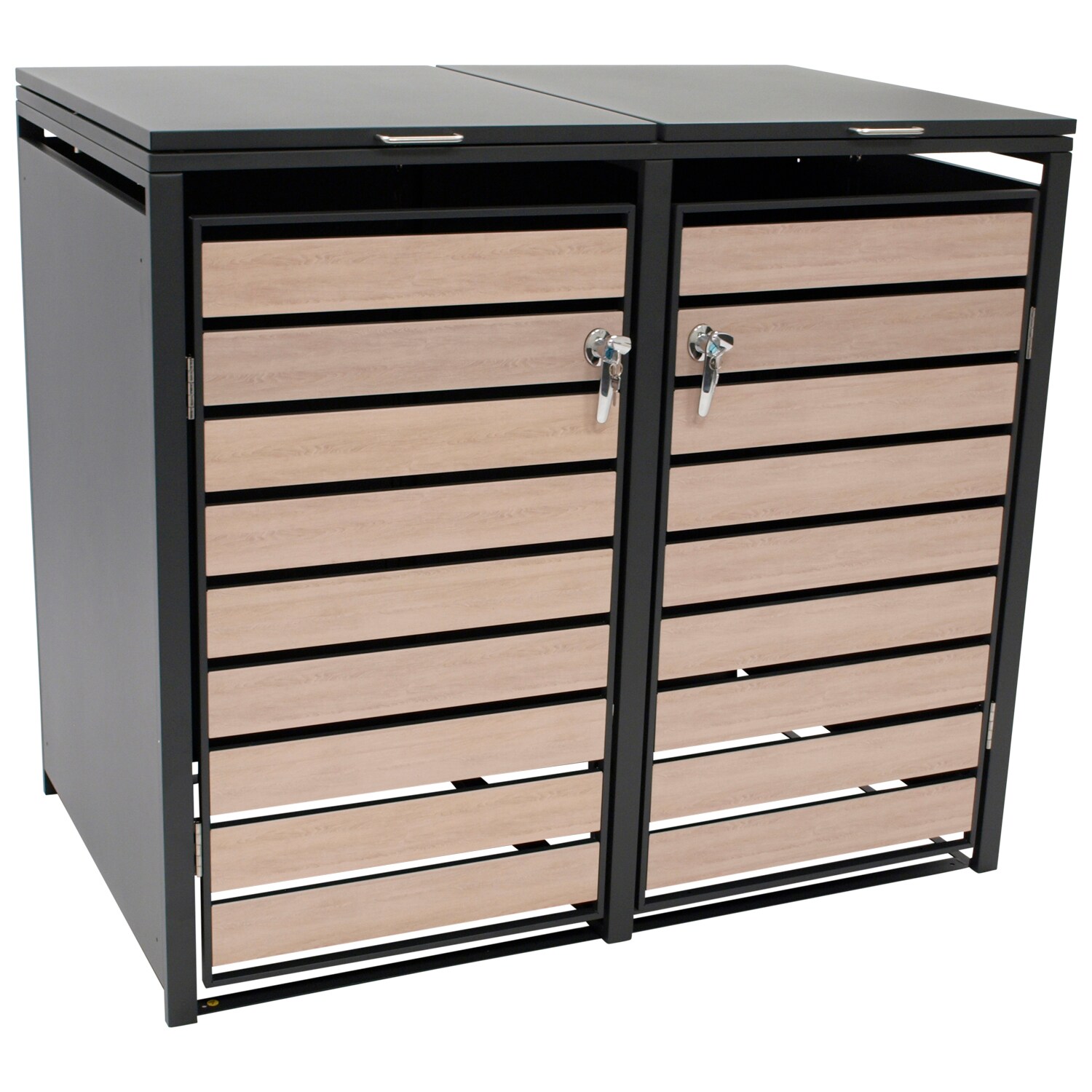 Mülltonnenbox BERLIN 132x80x116cm für 2x Tonnen 120 und 240 Liter, Stahl anthrazit mit Türen Holzoptik