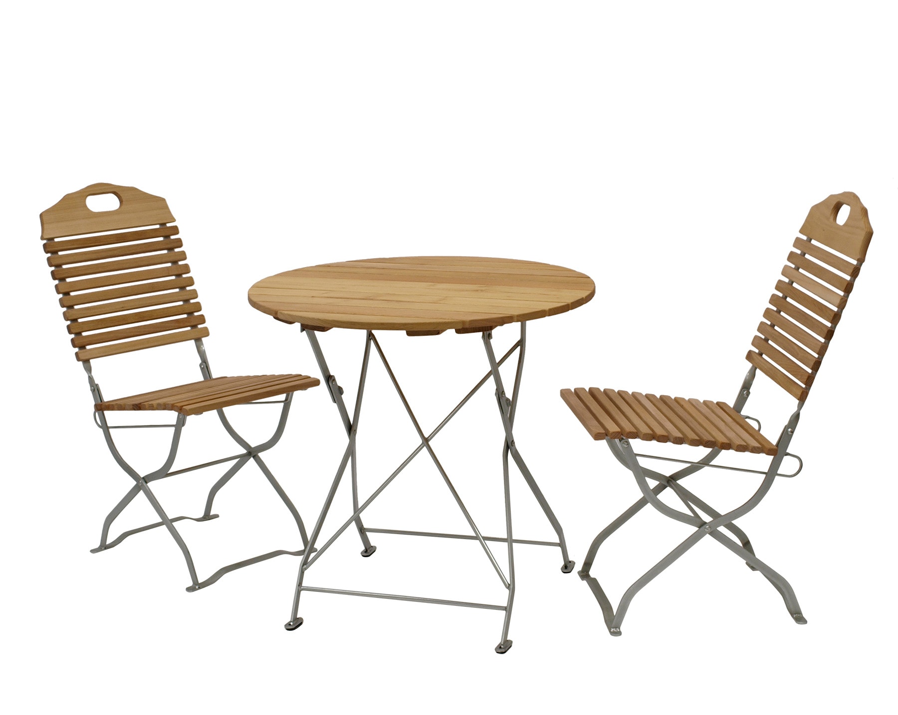 Kurgarten - Garnitur BAD T&Ouml;LZ 3-teilig (2x Stuhl, 1x Tisch 77cm rund), Flachstahl verzinkt + Robinie, klappbar - Bild 1