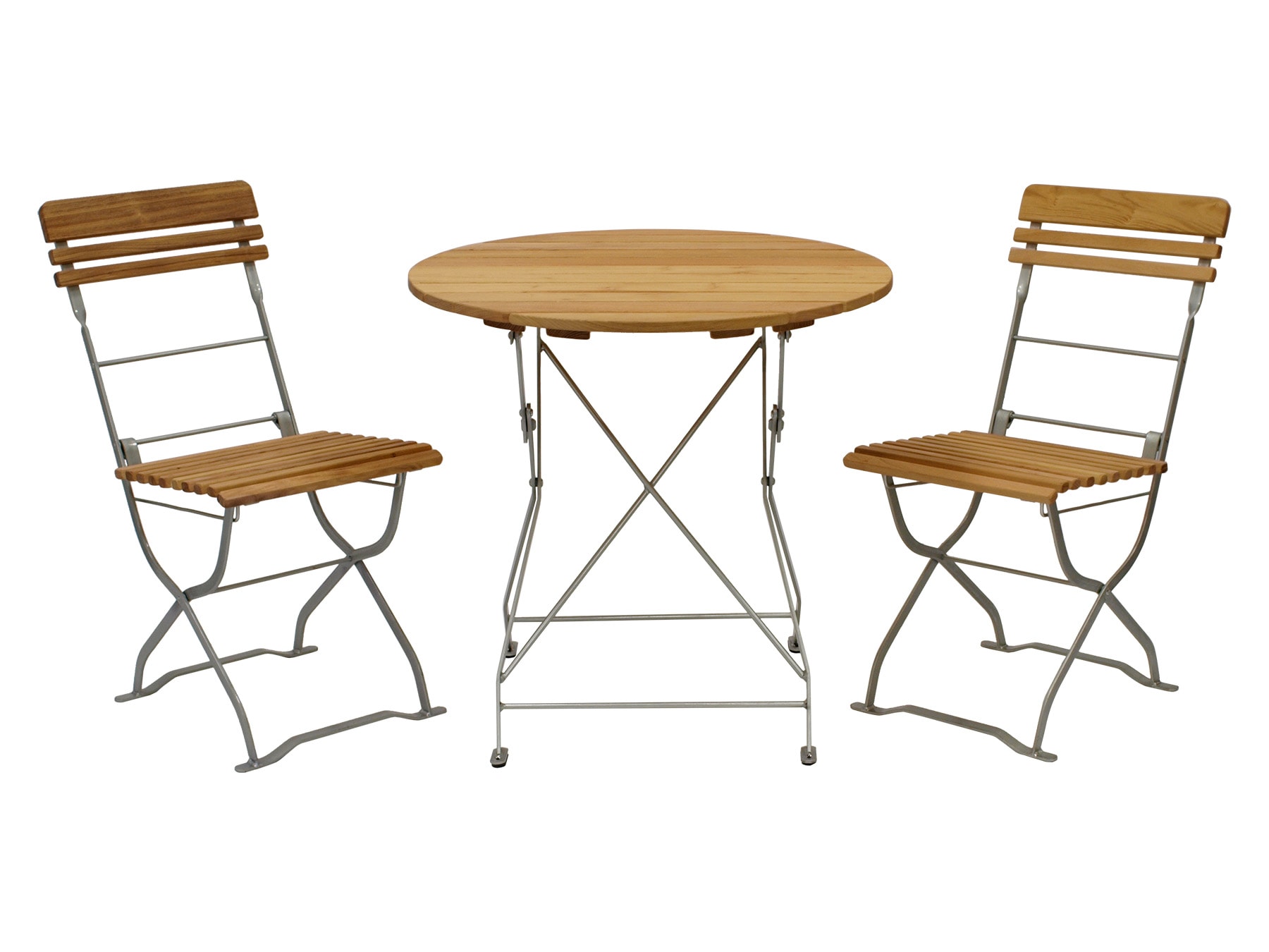 Biergarten - Garnitur M&Uuml;NCHEN 3-teilig (2x Stuhl, 1x Tisch 77cm rund), Flachstahl verzinkt + Robinie - Bild 1