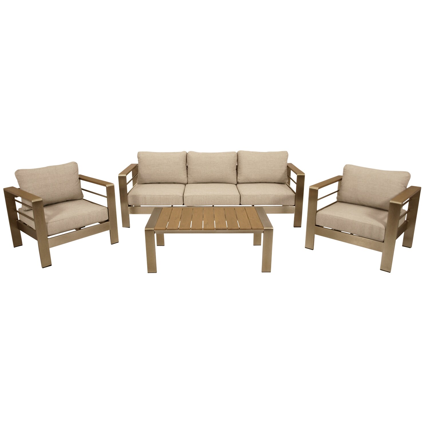 Lounge Set CANNES, Aluminium gebürstet + Kunstholz natur, Polster hellgrau