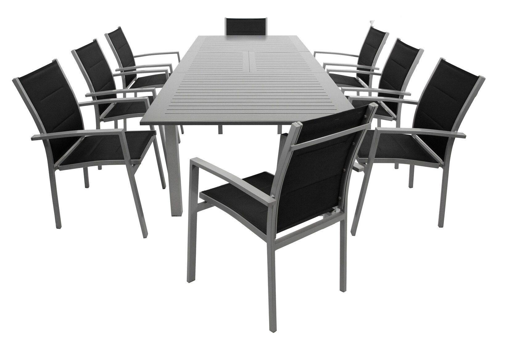 Garnitur BAJAZZO 9-teilig, Aluminium silbergrau + Kunstgewebe schwarz