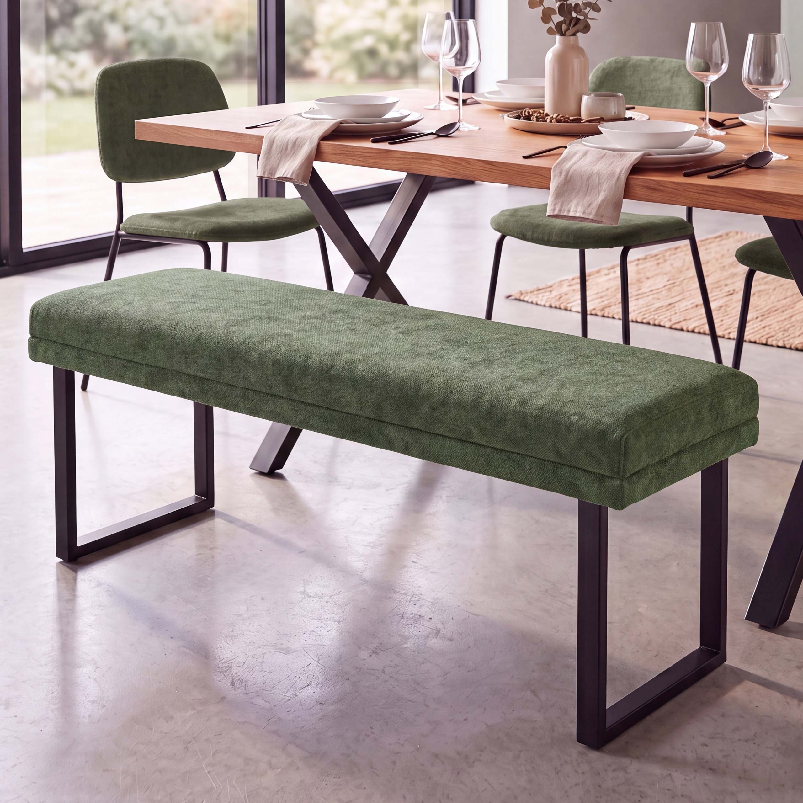 Sitzbank MCW-O81, Polsterbank Garderobenbank Esszimmerbank, Metall Stoff &Ouml;ko-Tex Chenille (310g/m&sup2;) 120cm ~ gr&uuml;n - Bild 1