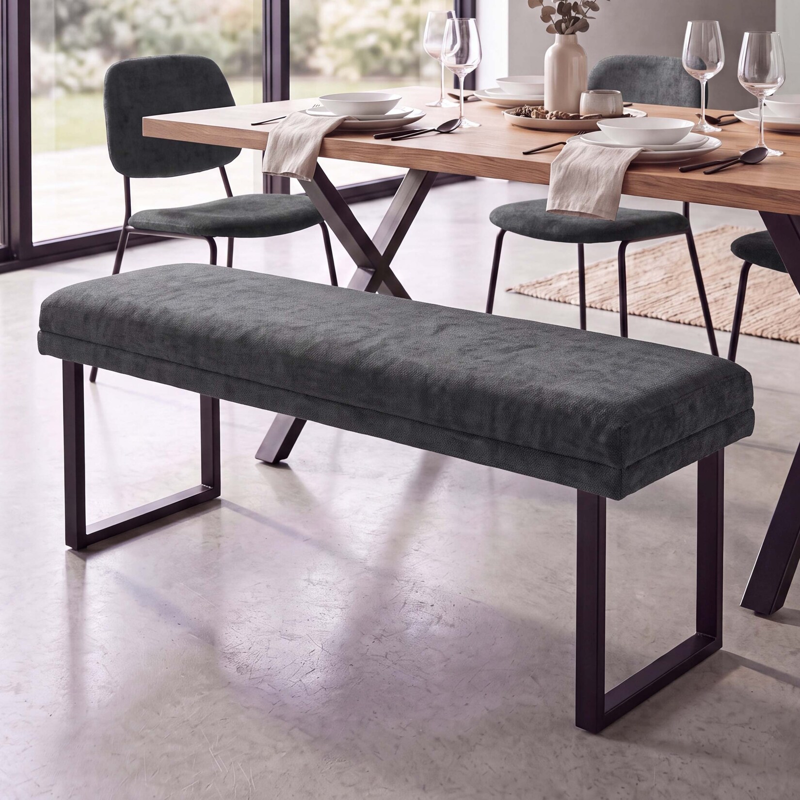 Sitzbank MCW-O81, Polsterbank Garderobenbank Esszimmerbank, Metall Stoff Öko-Tex Chenille (310g/m²) 120cm ~ dunkelgrau