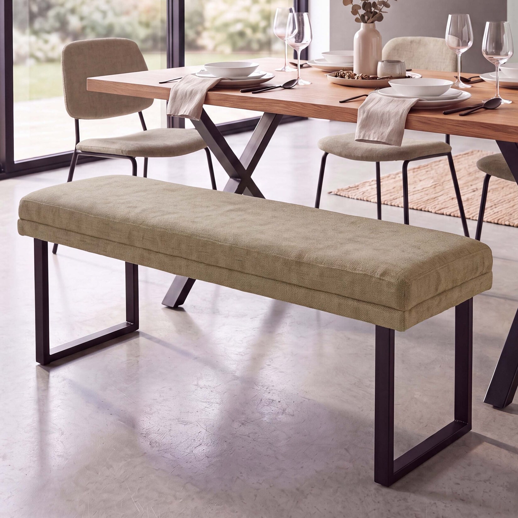 Sitzbank MCW-O81, Polsterbank Garderobenbank Esszimmerbank, Metall Stoff Öko-Tex Chenille (310g/m²) 120cm ~ hellbraun
