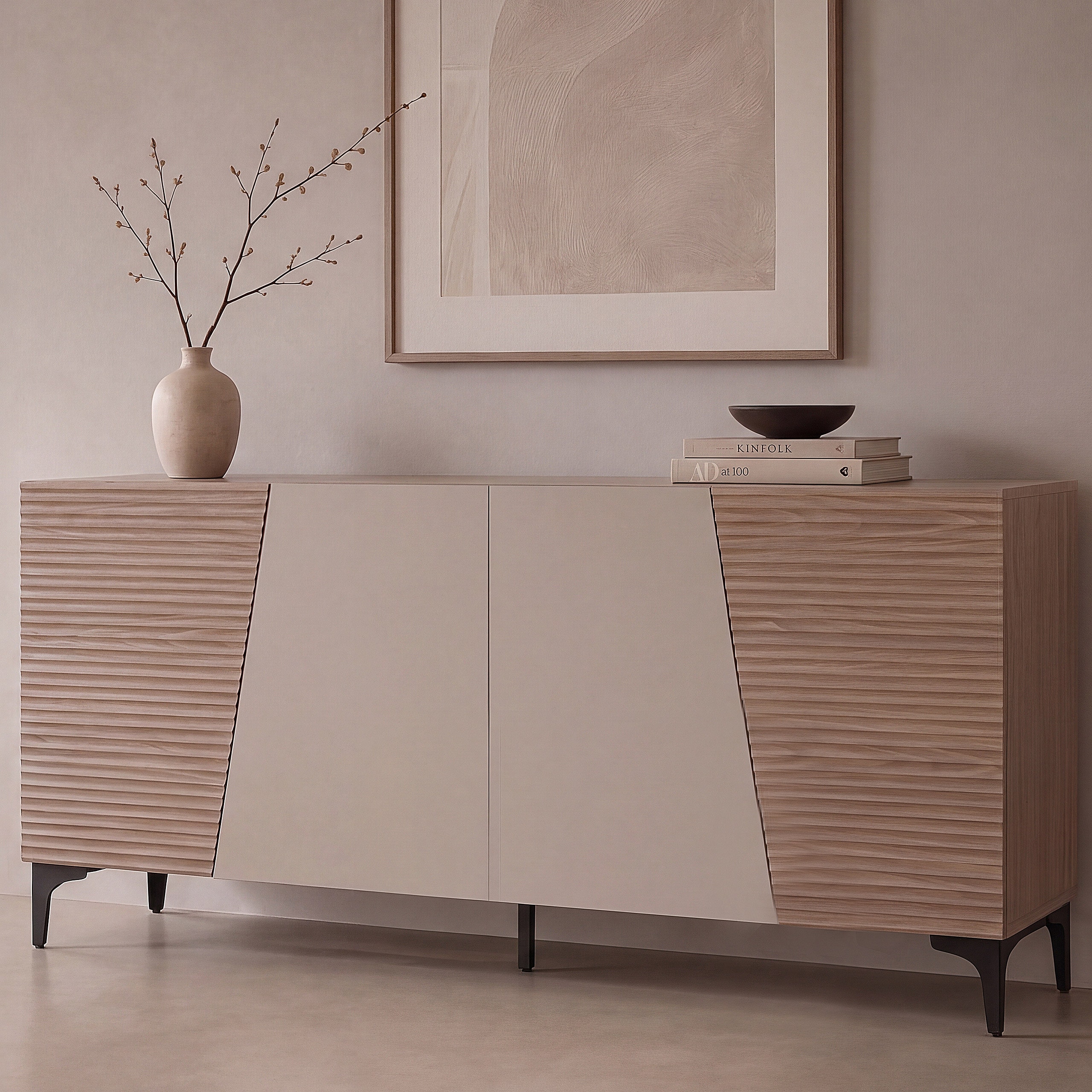 Sideboard MCW-Q83, Kommode Schrank T&uuml;ren 3D-Struktur Stauf&auml;cher MDF Melamin 80x160x42cm ~ Nussbaum-Optik hell - Bild 1