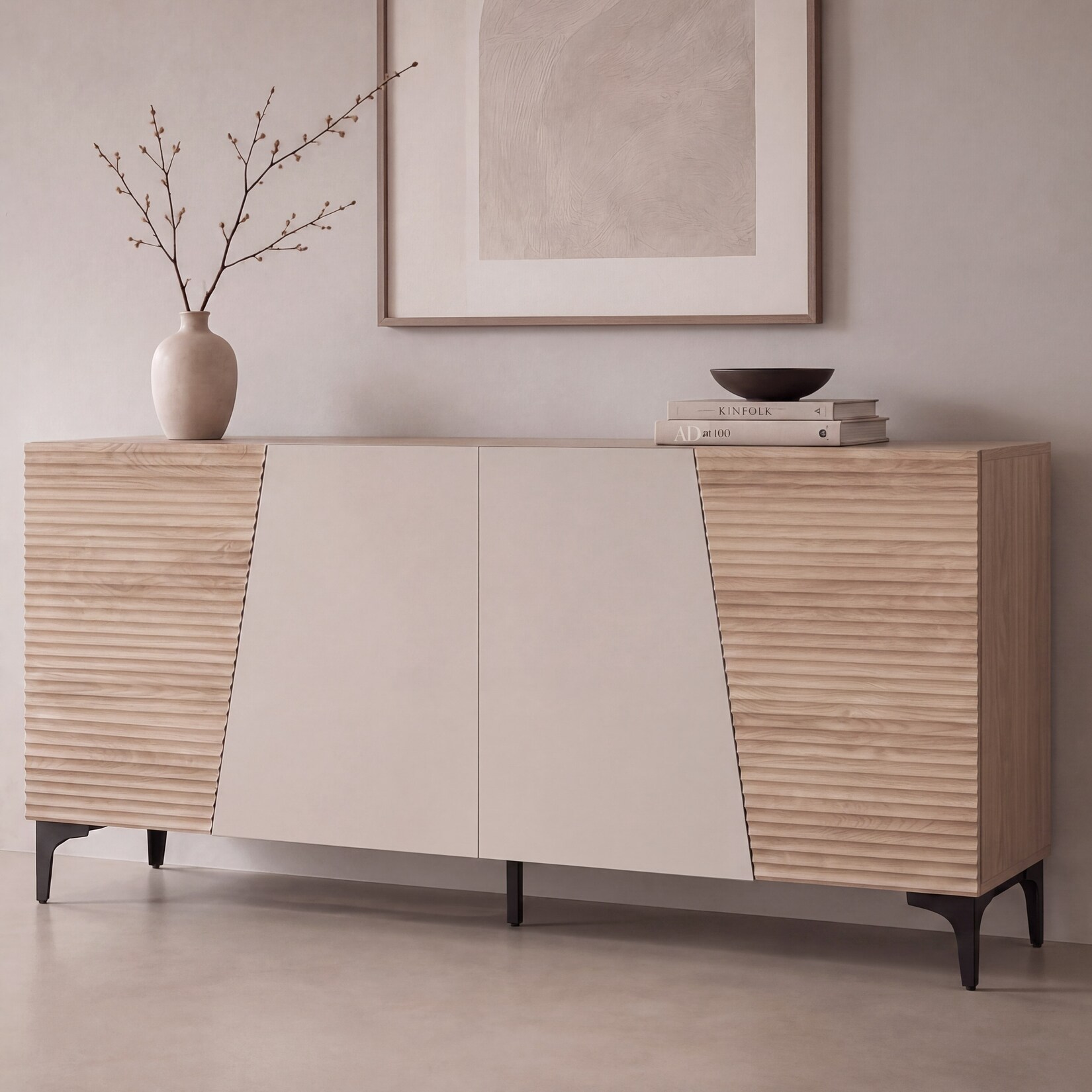 Sideboard MCW-Q83, Kommode Schrank Türen 3D-Struktur Staufächer MDF Melamin 80x160x42cm ~ Eiche-Optik