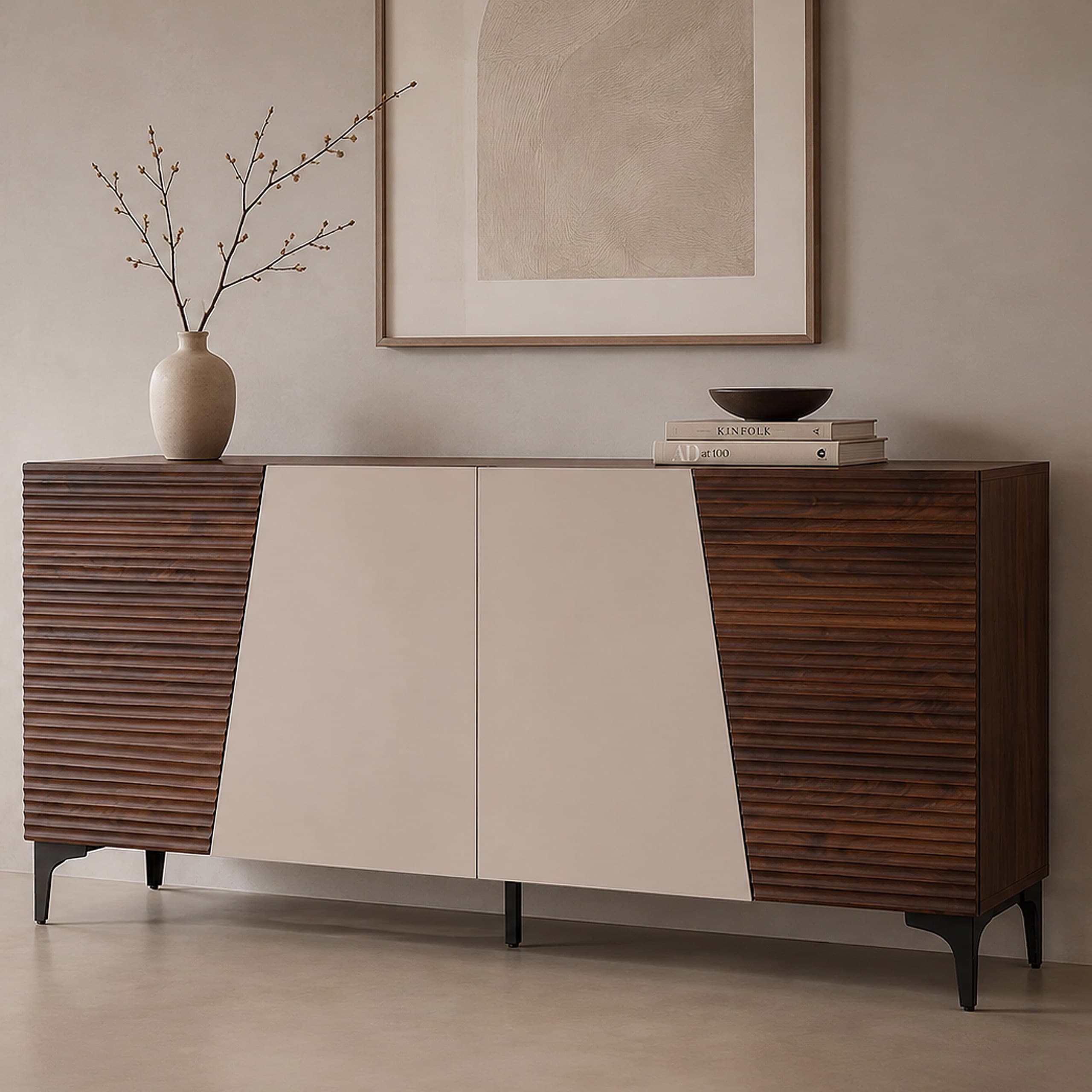 Sideboard MCW-Q83, Kommode Schrank T&uuml;ren 3D-Struktur Stauf&auml;cher MDF Melamin 80x160x42cm ~ Walnuss-Optik - Bild 1