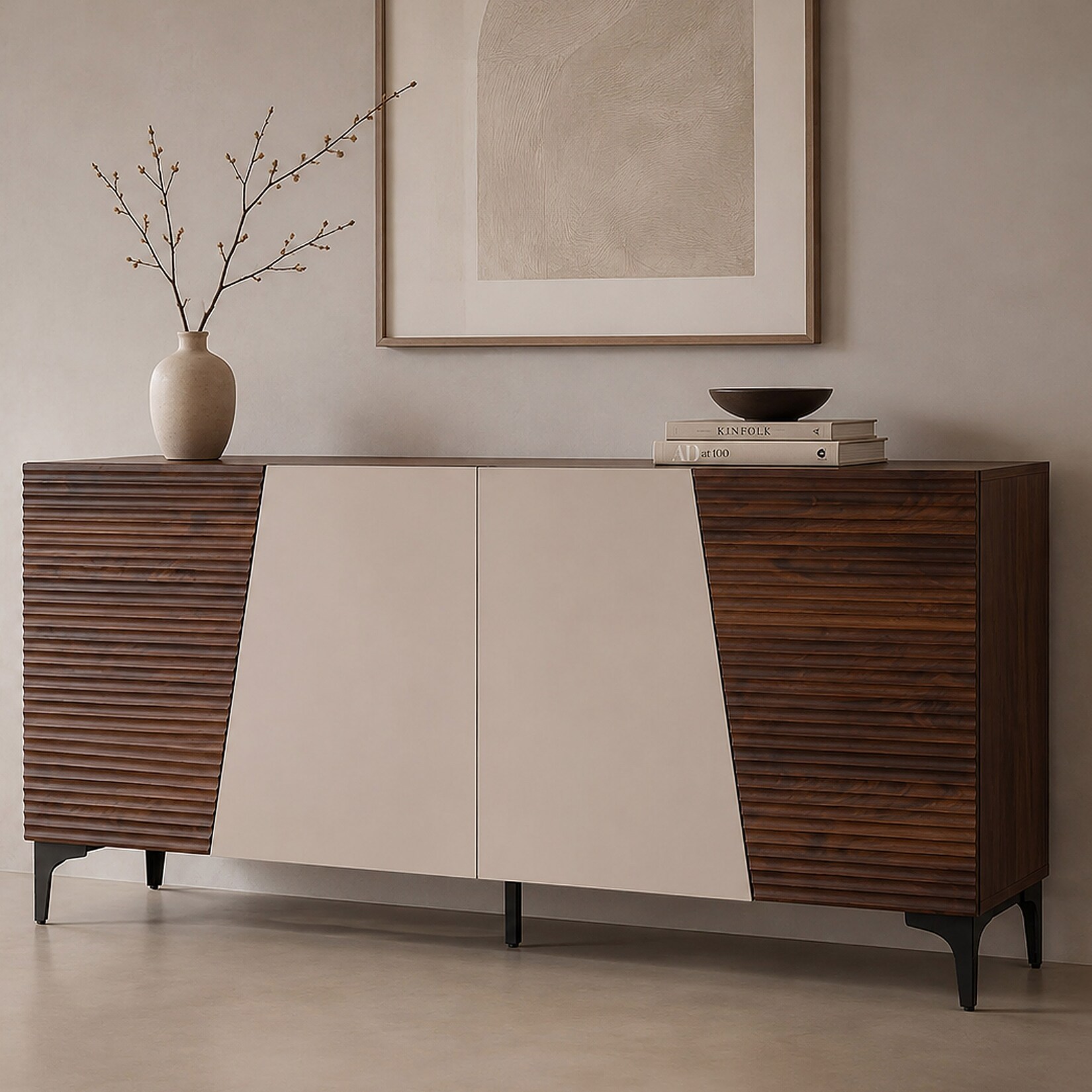Sideboard MCW-Q83, Kommode Schrank Türen 3D-Struktur Staufächer MDF Melamin 80x160x42cm ~ Walnuss-Optik