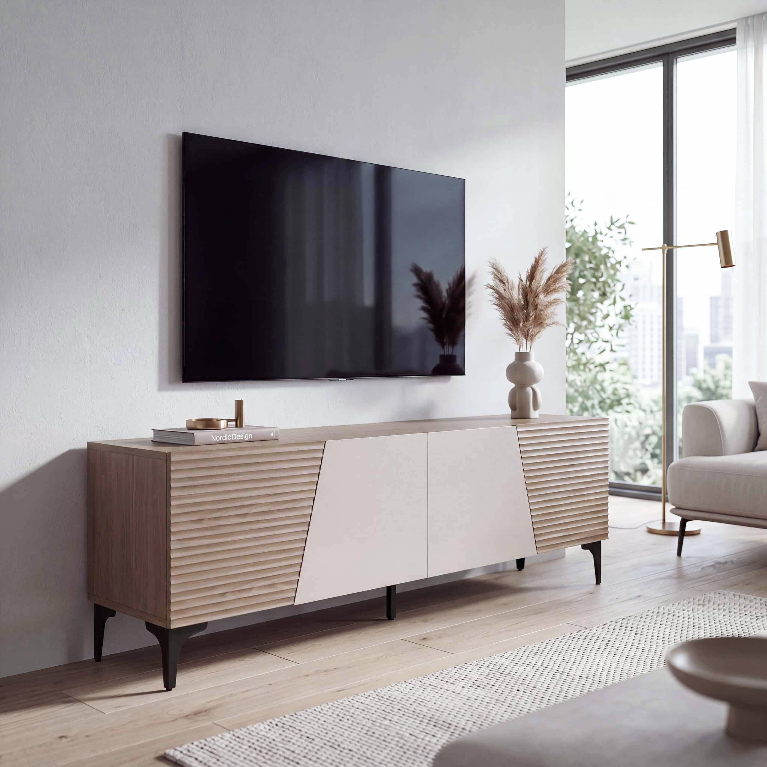 TV-Rack MCW-Q83, Lowboard TV-Schrank T&uuml;ren 3D-Struktur Stauf&auml;cher MDF Melamin 55x160x42cm ~ Nussbaum-Optik hell - Bild 1