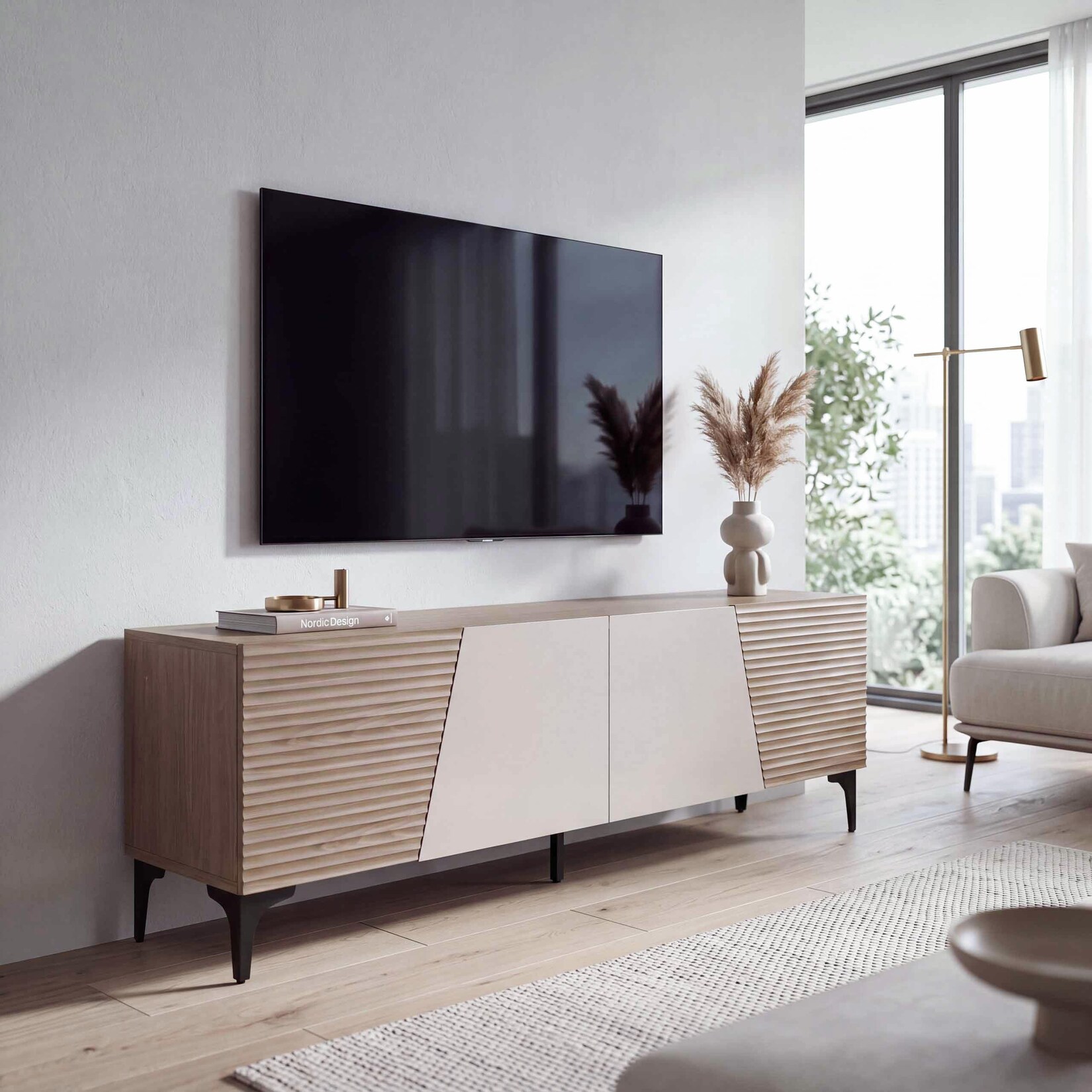TV-Rack MCW-Q83, Lowboard TV-Schrank Türen 3D-Struktur Staufächer MDF Melamin 55x160x42cm ~ Nussbaum-Optik hell