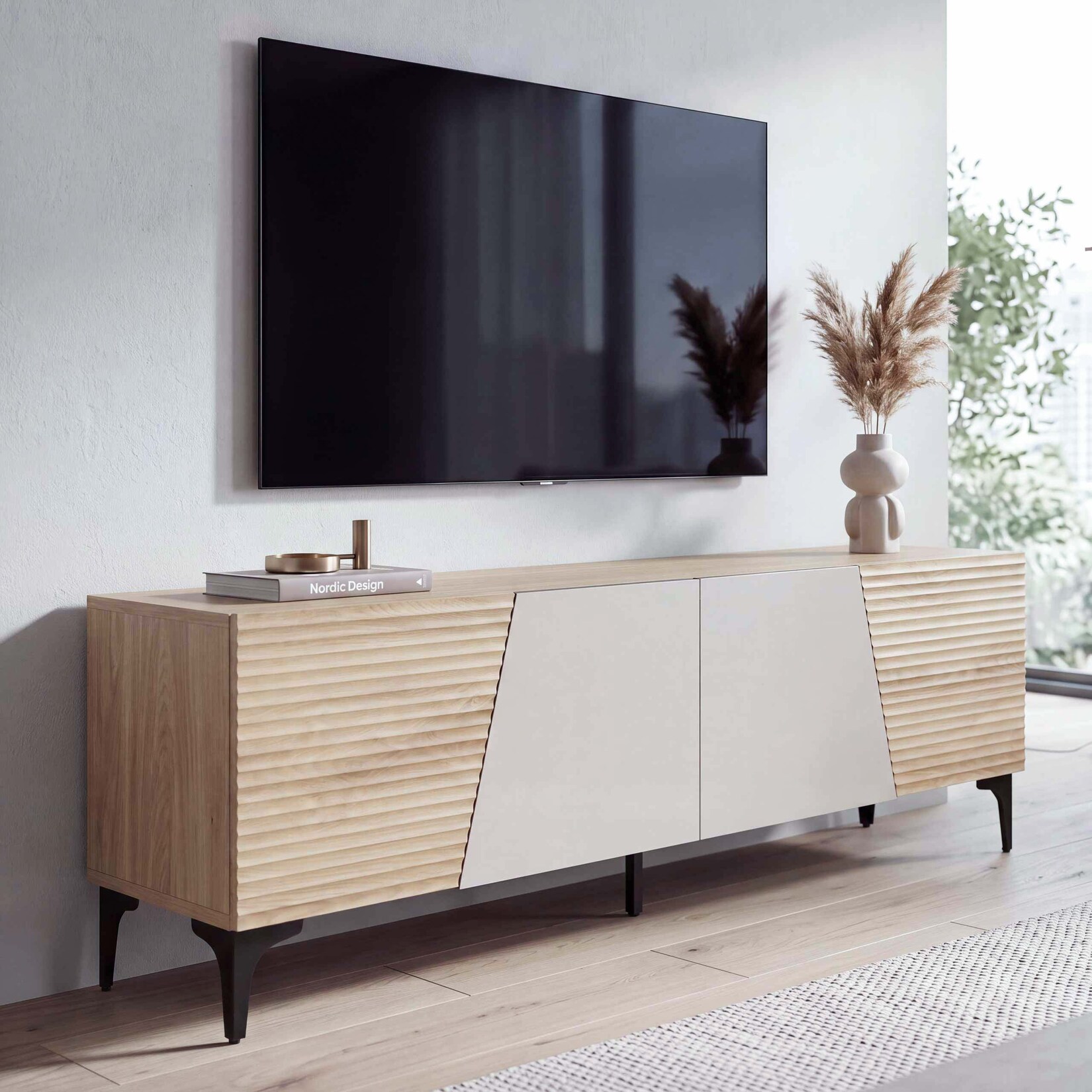 TV-Rack MCW-Q83, Lowboard TV-Schrank Türen 3D-Struktur Staufächer MDF Melamin 55x160x42cm ~ Eiche-Optik