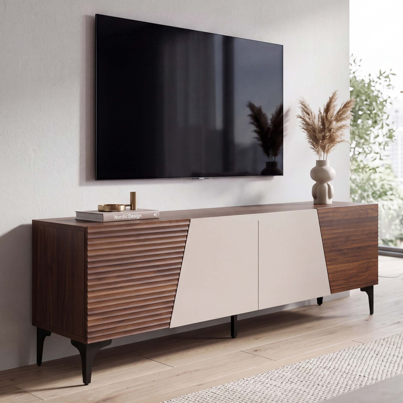 TV-Rack MCW-Q83, Lowboard TV-Schrank Türen 3D-Struktur Staufächer MDF Melamin 55x160x42cm ~ Walnuss-Optik