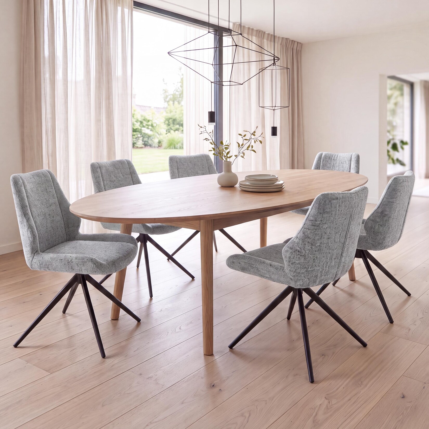 6er-Set Esszimmerstuhl MCW-O48, Küchenstuhl, drehbar Auto-Return, Stoff/Textil Chenille (410g/m²) Öko-Tex ~ hellgrau