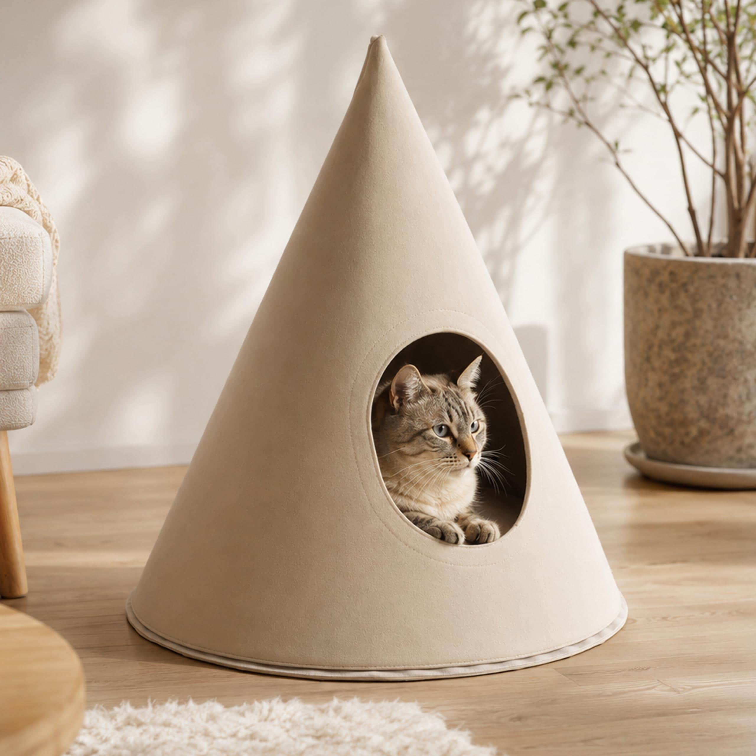 Tierbett MCW-Q62 f&uuml;r Hunde/Katzen, Katzenk&ouml;rbchen Hundekorb Kegel, Stoff (260g/m&sup2;) Filz 60x53x53cm ~ beige - Bild 1