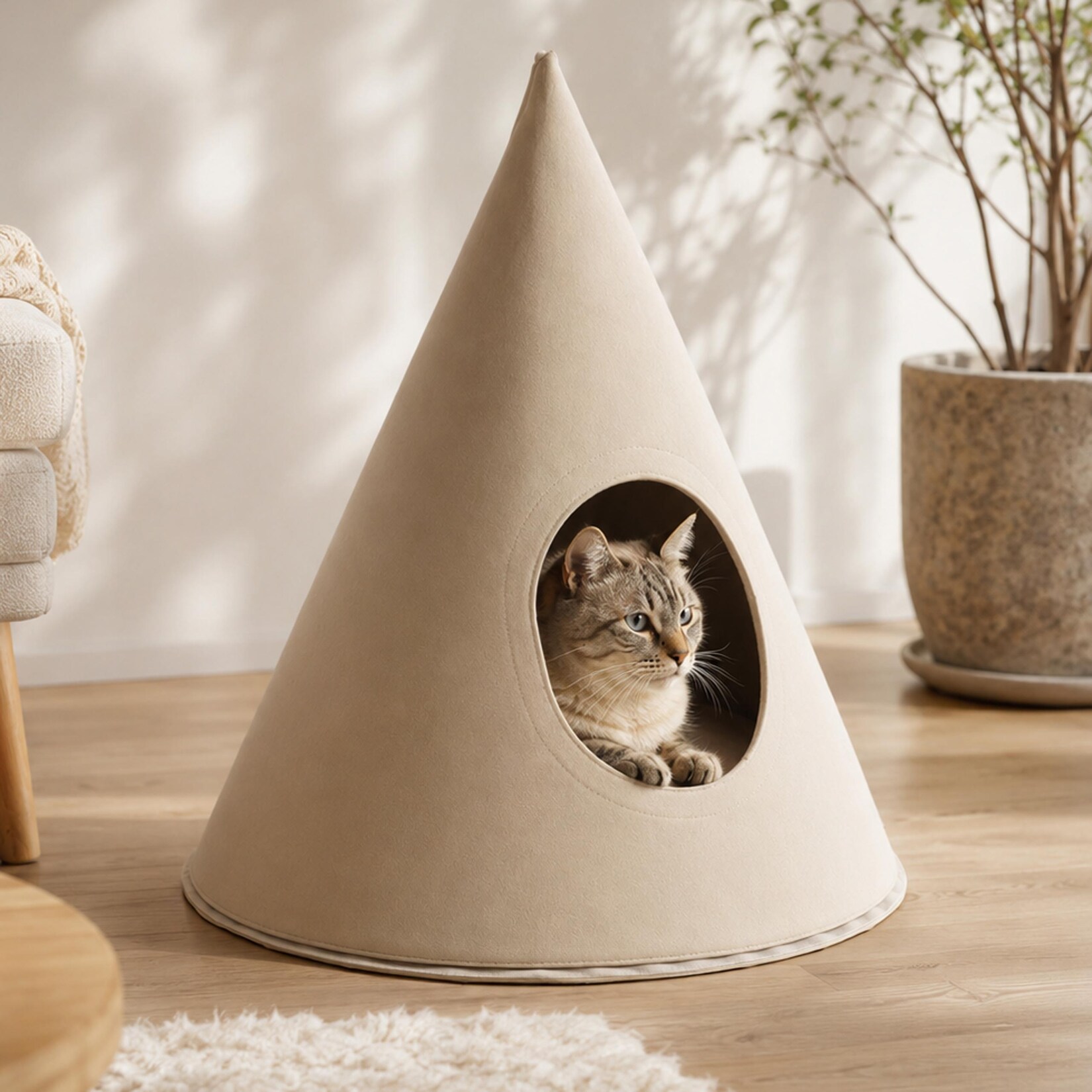 Tierbett MCW-Q62 für Hunde/Katzen, Katzenkörbchen Hundekorb Kegel, Stoff (260g/m²) Filz 60x53x53cm ~ beige