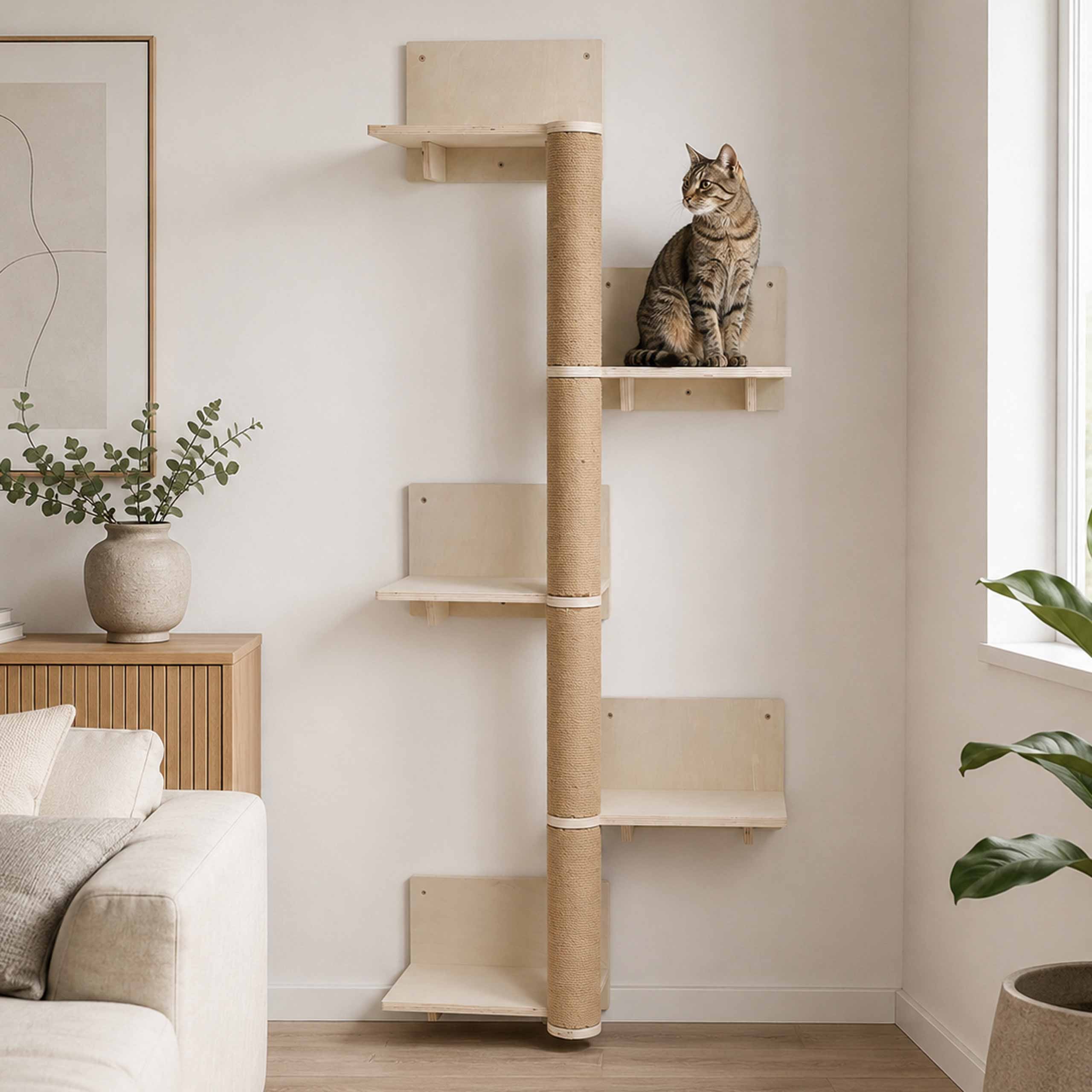 Kletterwand MCW-Q58, Katzenwand Kletterbaum Wandkratzbaum Kletterregal Plattform 5 Stufen, Holz MVG 147x62x27cm ~ natur - Bild 1