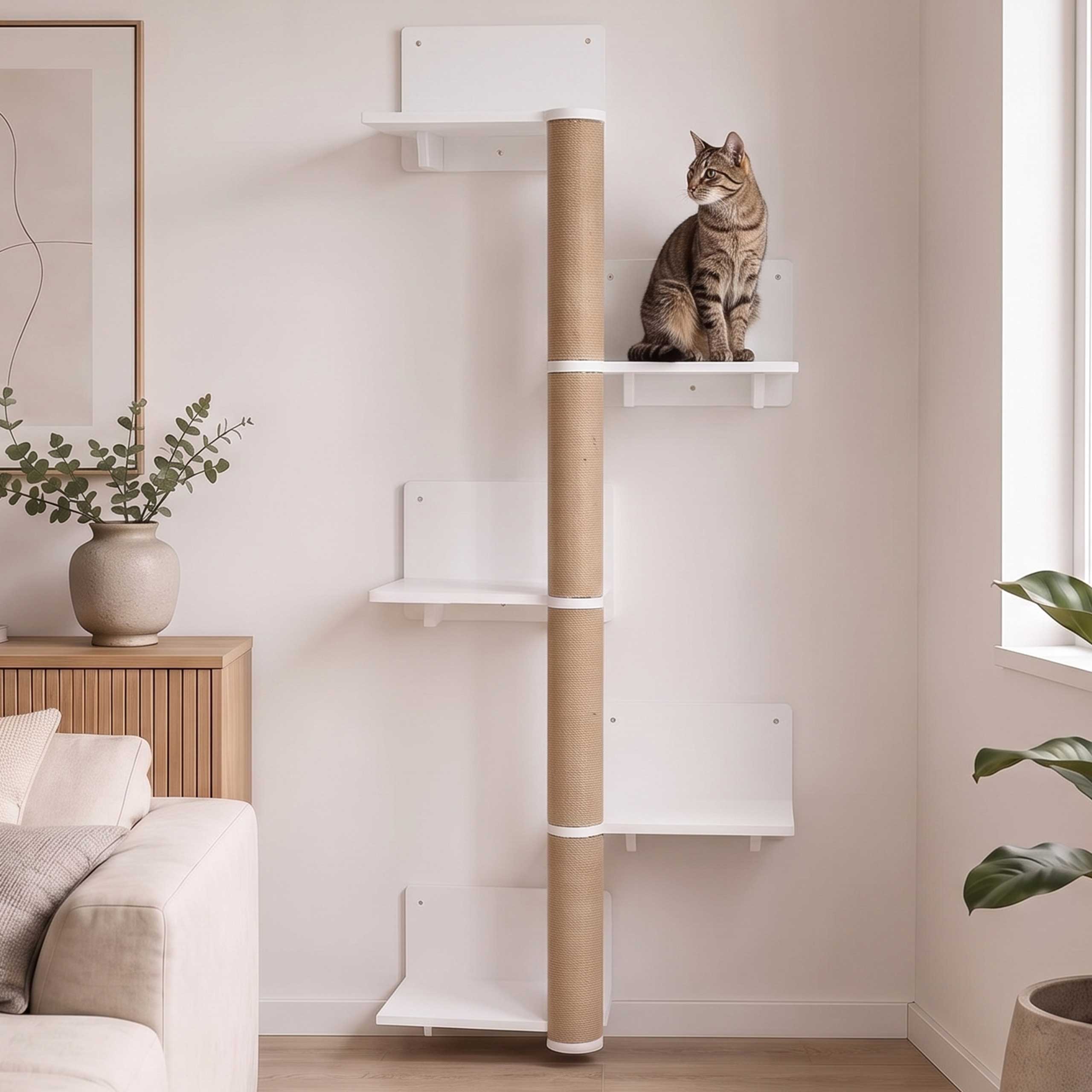Kletterwand MCW-Q58, Katzenwand Kletterbaum Wandkratzbaum Kletterregal Plattform 5 Stufen, Holz MVG 147x62x27cm ~ wei&szlig; - Bild 1