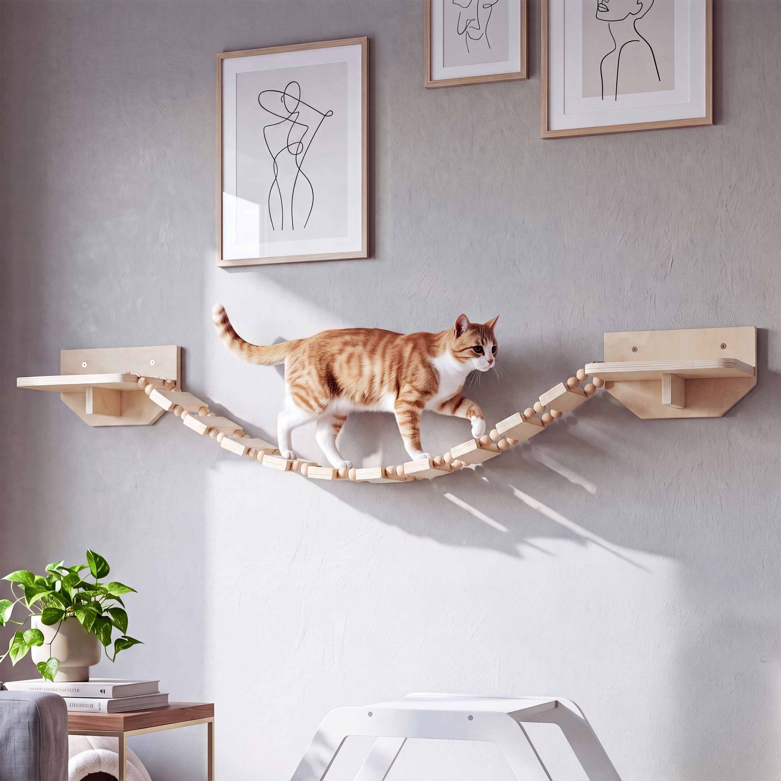 Kletterbr&uuml;cke MCW-Q56, Katzenleiter Katzentreppe H&auml;ngebr&uuml;cke Katzenbr&uuml;cke Plattform, Holz MVG 15x130x19cm ~ natur - Bild 1
