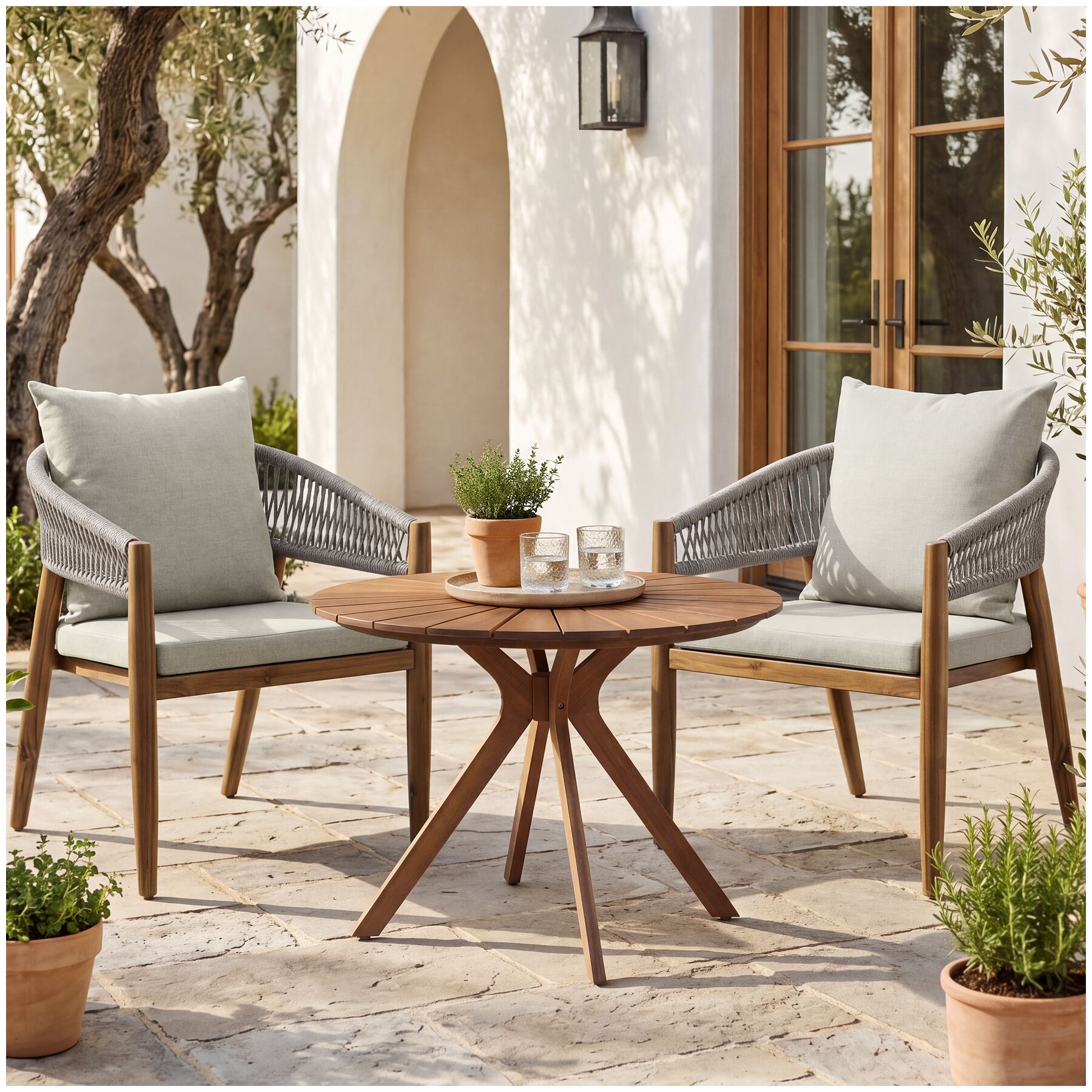 tectake&reg; 3-teiliges Gartenset, runder Tisch mit Sonnenmuster und 2 St&uuml;hle im Rope-Design, wasserabweisende, abnehmbare Polyesterbez&uuml;ge, h&ouml;henverstellbare Kunststofff&uuml;&szlig;e - Bild 1