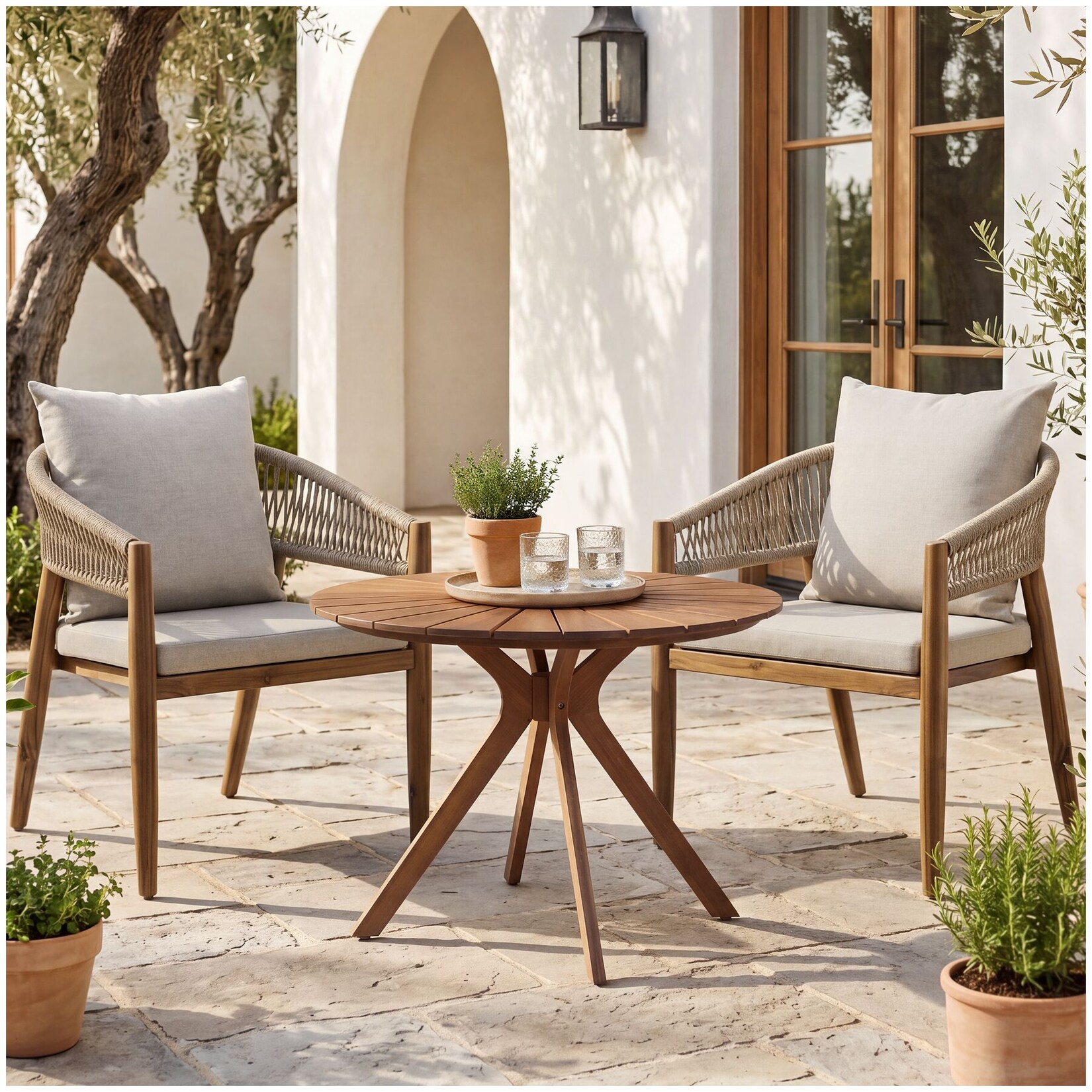 tectake® 3-teiliges Gartenset, runder Tisch mit Sonnenmuster und 2 Stühle im Rope-Design, wasserabweisende, abnehmbare Polyesterbezüge, höhenverstellbare Kunststofffüße