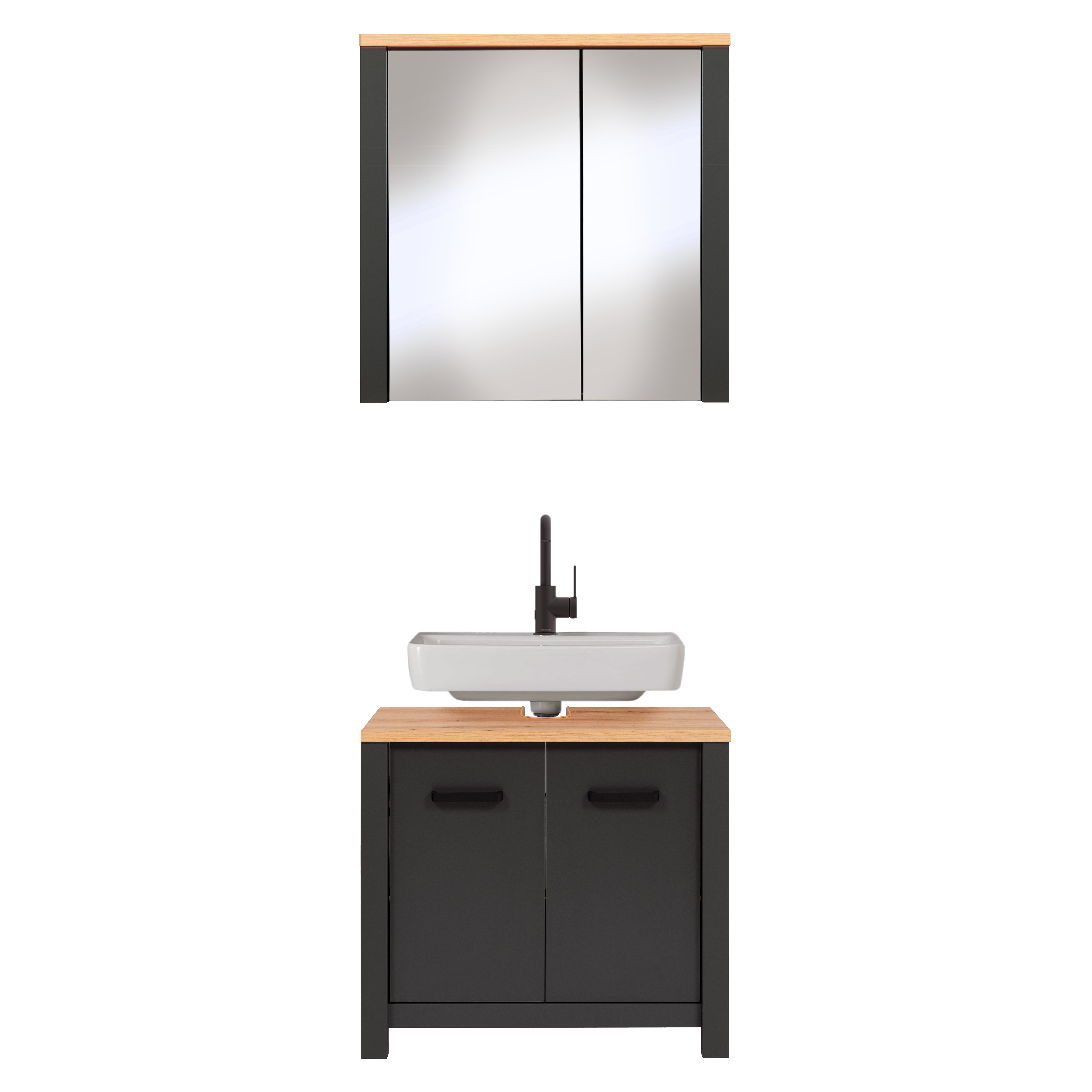 Badm&ouml;bel-Set Carbona 2-teilig, Waschbeckenunterschrank & Spiegelschrank, Anthrazit/Artisan Eiche - Bild 1