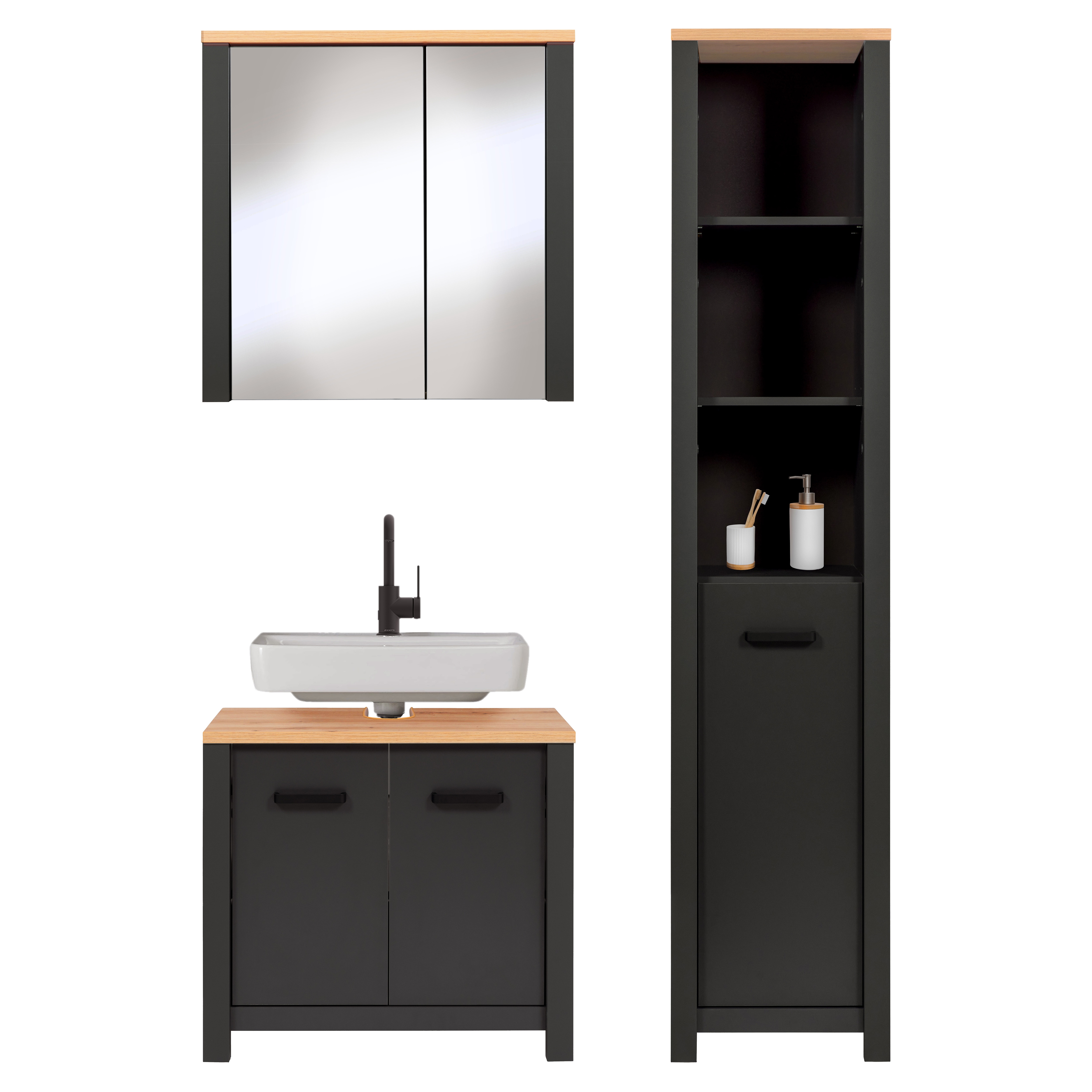 Badm&ouml;bel-Set Carbona 3-teilig, Waschbeckenunterschrank, Spiegelschrank & Hochschrank, Anthrazit/Artisan Eiche - Bild 1