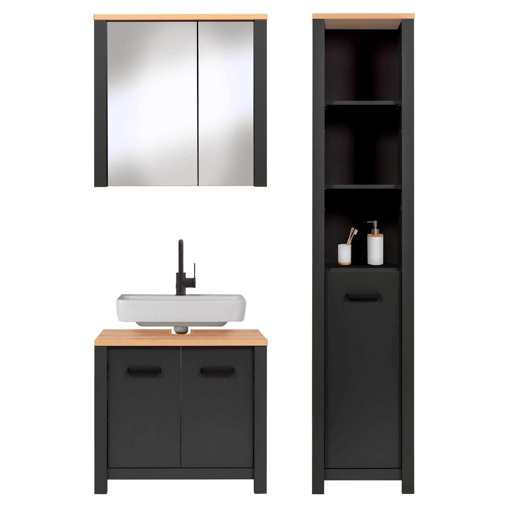 Badmöbel-Set Carbona 3-teilig, Waschbeckenunterschrank, Spiegelschrank & Hochschrank, Anthrazit/Artisan Eiche