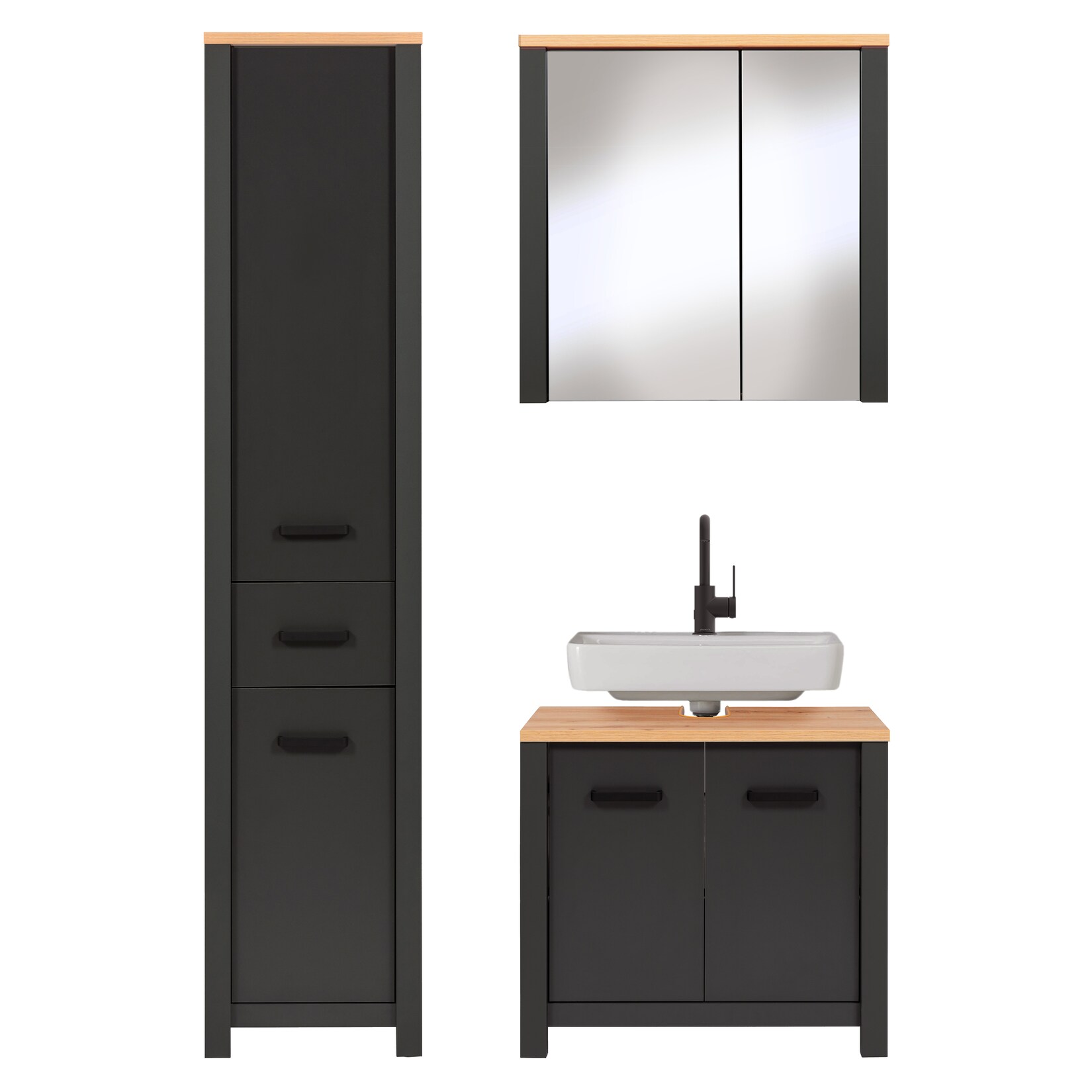 Badmöbel-Set Carbona 3-teilig, Waschbeckenunterschrank, Spiegelschrank & Hochschrank, Anthrazit/Artisan Eiche