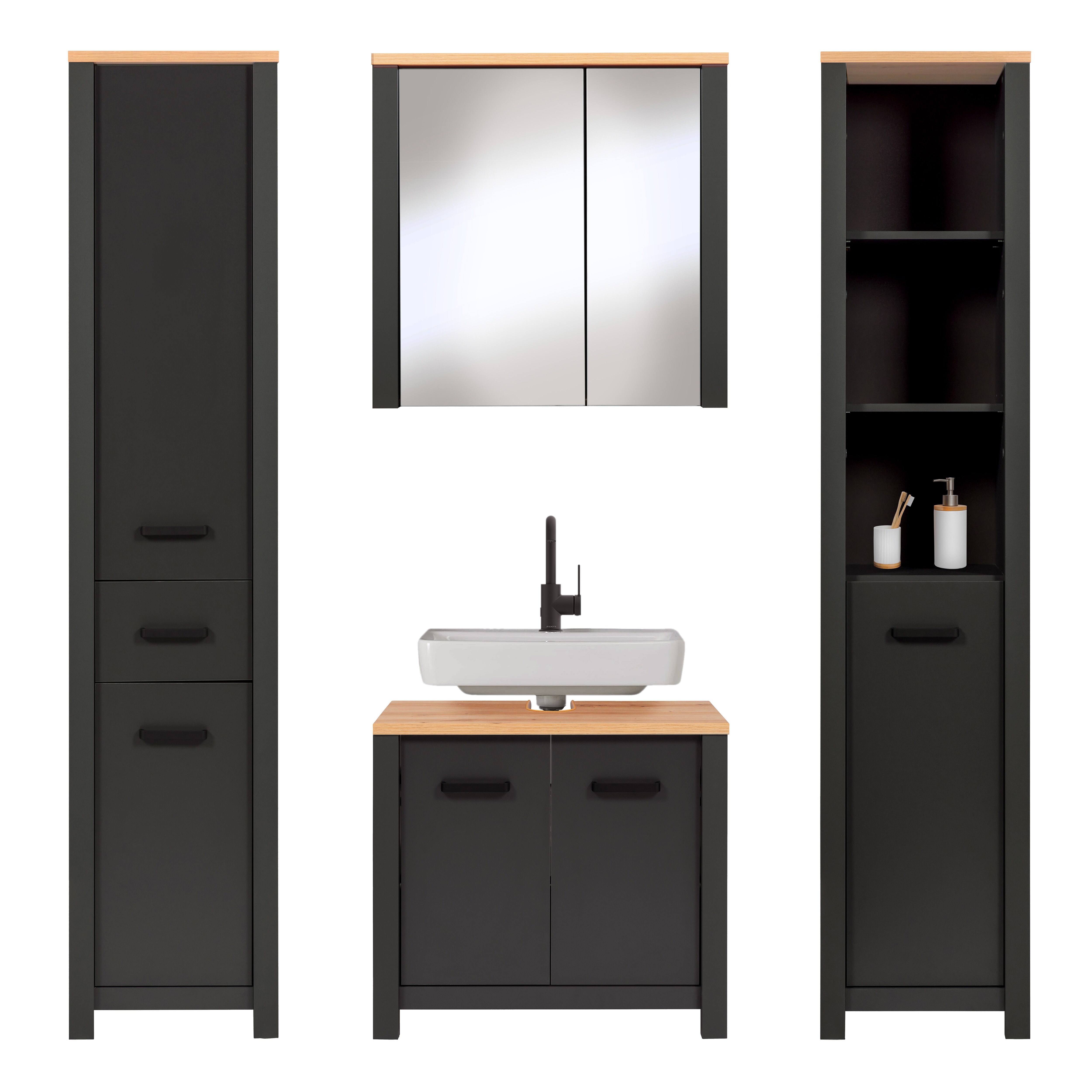 Badm&ouml;bel-Set Carbona 4-teilig, Waschbeckenunterschrank, Spiegelschrank & 2 Hochschr&auml;nke, Anthrazit/Artisan Eiche - Bild 1