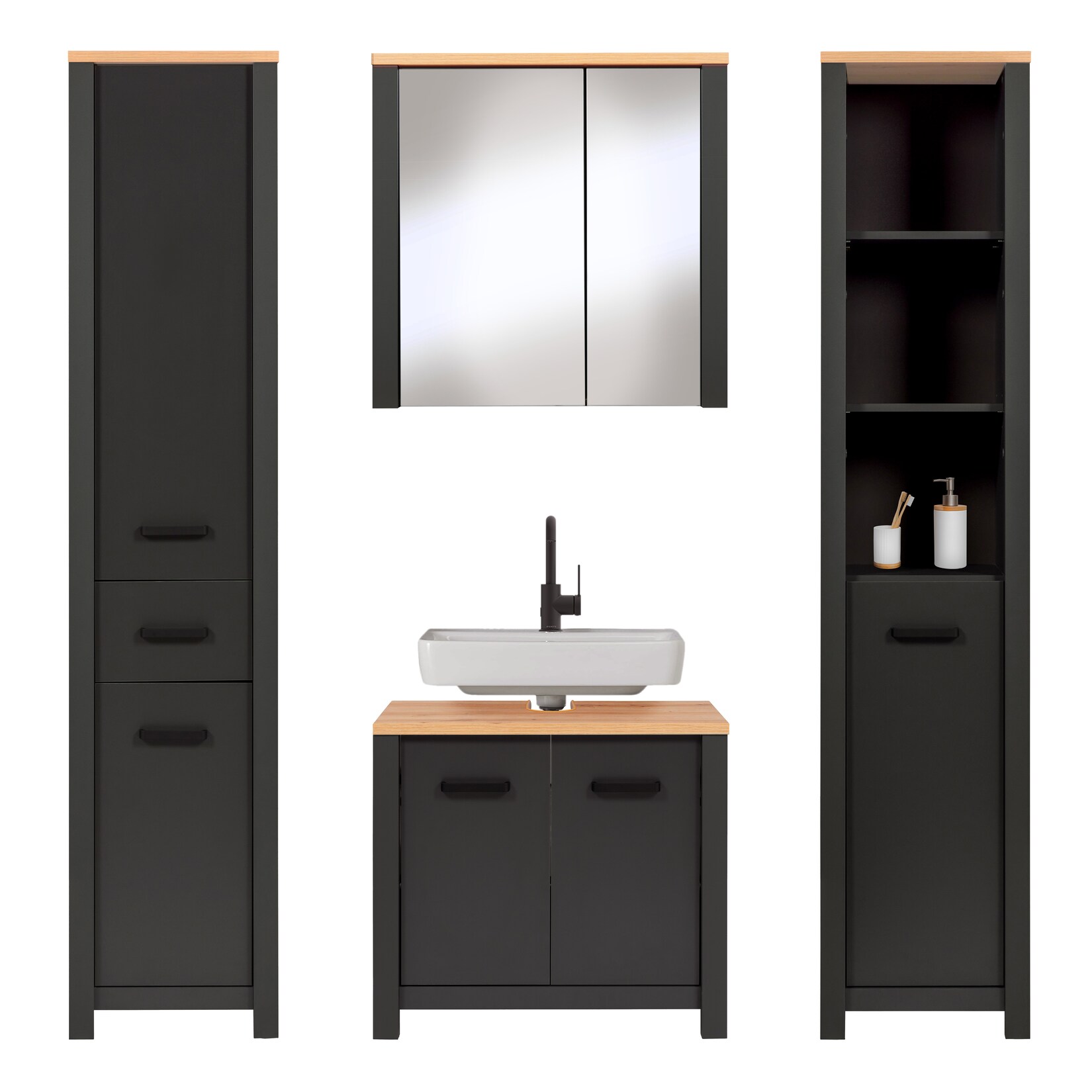 Badmöbel-Set Carbona 4-teilig, Waschbeckenunterschrank, Spiegelschrank & 2 Hochschränke, Anthrazit/Artisan Eiche