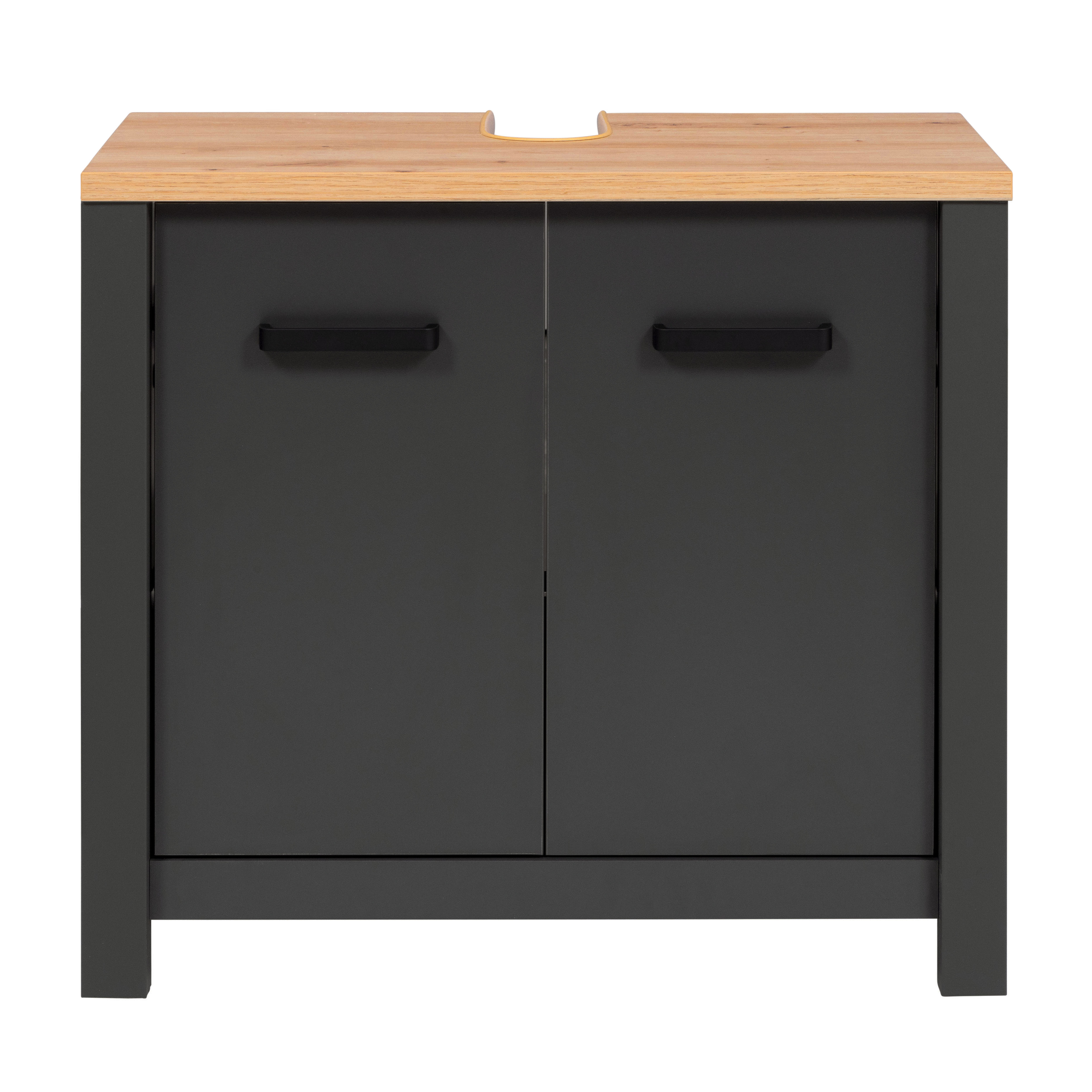 Waschbeckenunterschrank Carbona mit 2 Soft-Close-T&uuml;ren, Anthrazit/Artisan Eiche, schwarze Aluminiumgriffe - Bild 1