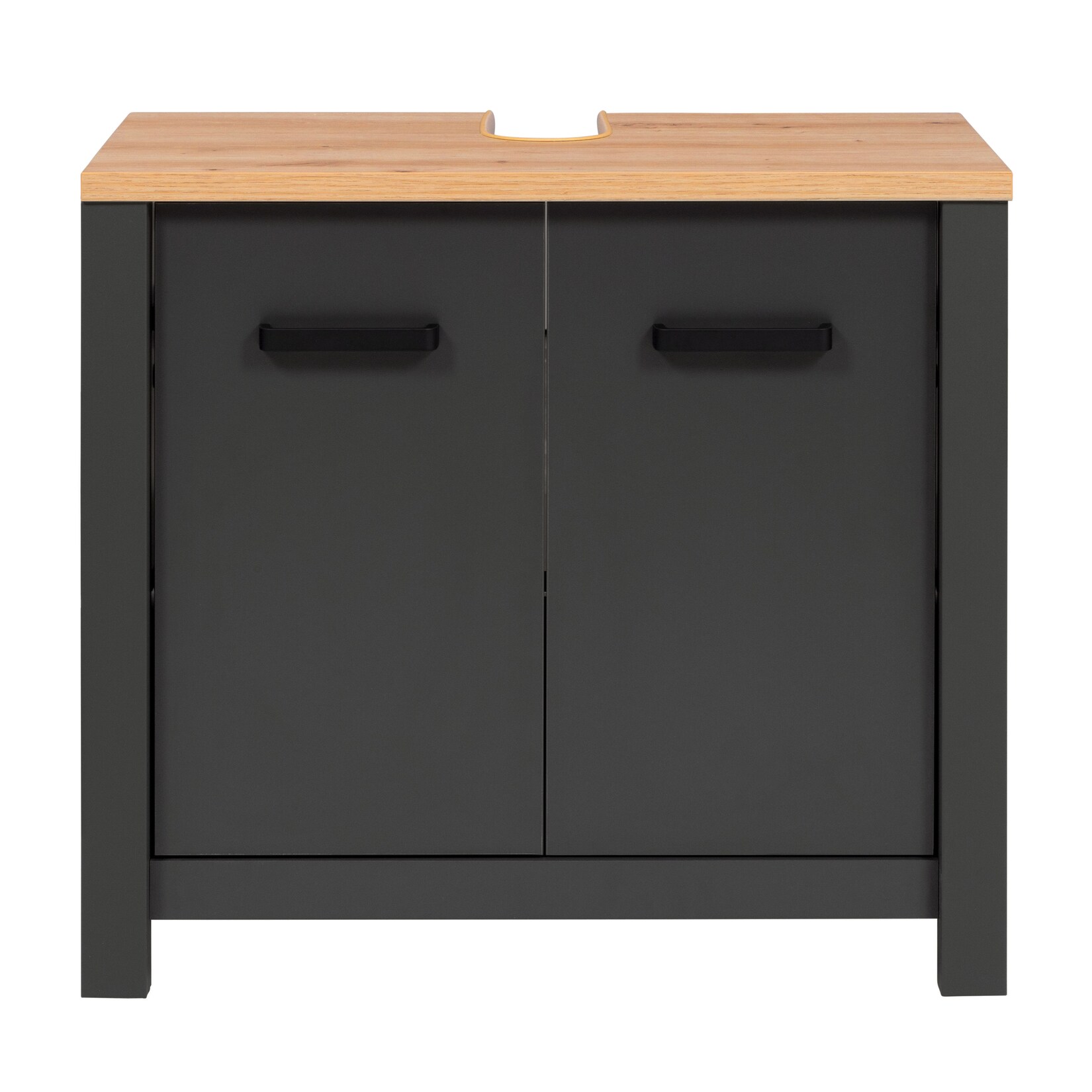 Waschbeckenunterschrank Carbona mit 2 Soft-Close-Türen, Anthrazit/Artisan Eiche, schwarze Aluminiumgriffe