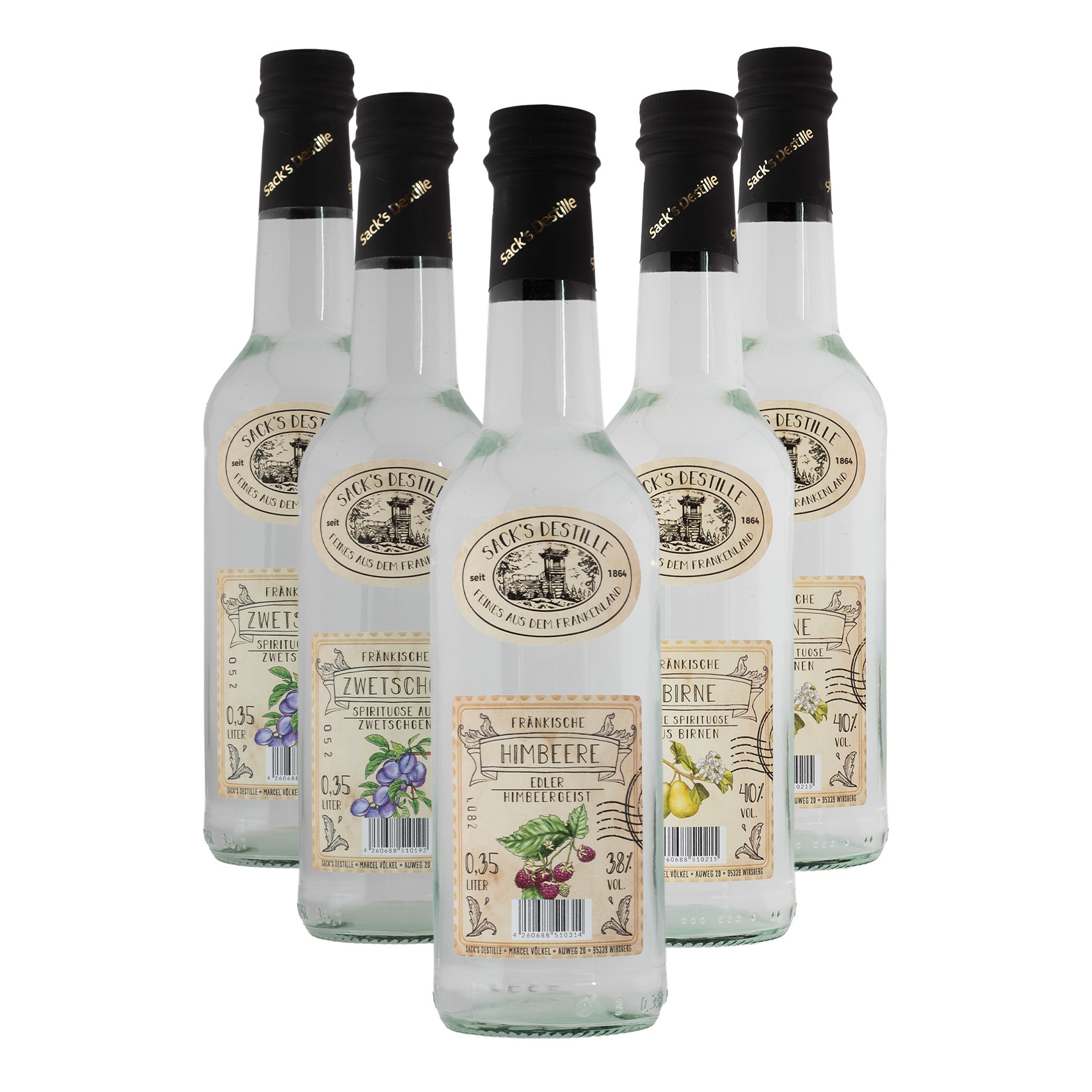 Sack&acute;s Destille Schnaps-Bundle: Klar und fruchtig 38-40 % vol 5x 0,35 Liter - Bild 1