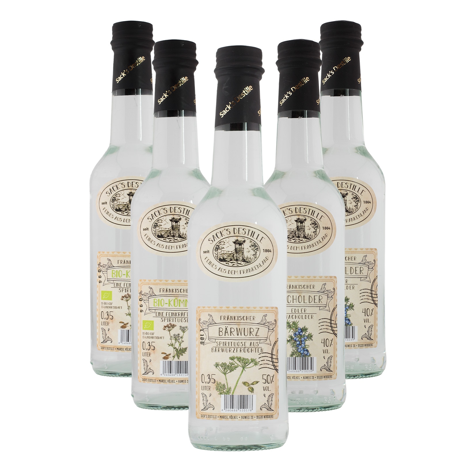 Sack&acute;s Destille Schnaps-Bundle: Klar und w&uuml;rzig 38-50 % vol 5x 0,35 Liter - Bild 1