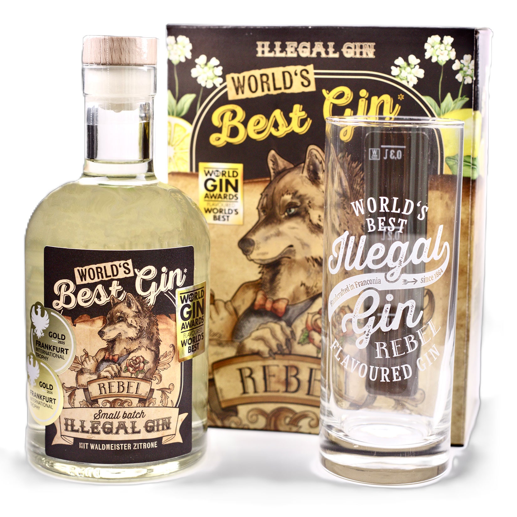 Sack&acute;s Destille Illegal Gin "Rebel" Geschenkset, Illegal Gin - Rebel 40 % vol 0,5 Liter + Longdrink Glas 300 ml - Bild 1