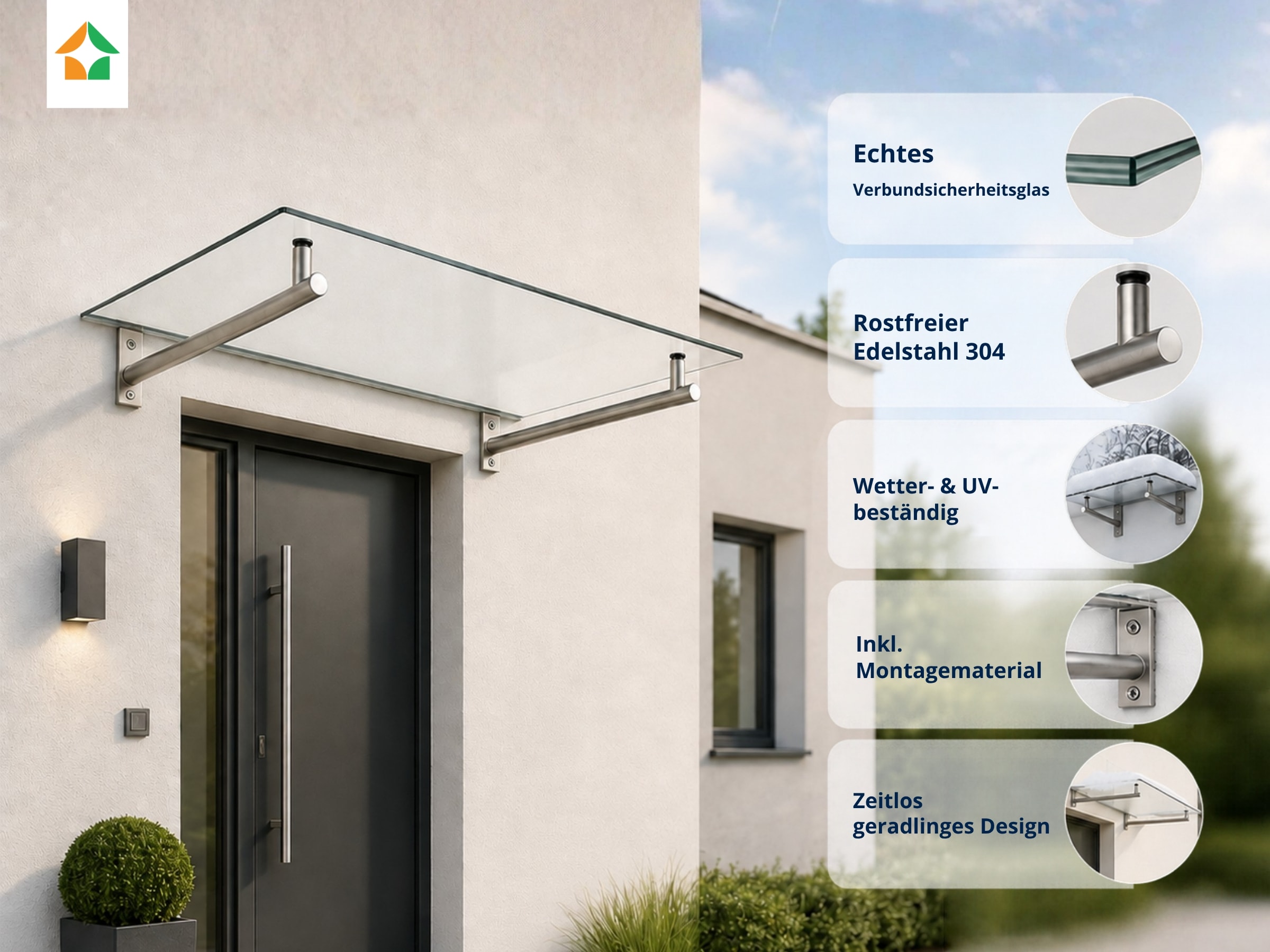 Edelstahl Vordach 140x80 cm mit 8,76 mm VSG Sicherheitsglas - Bild 1