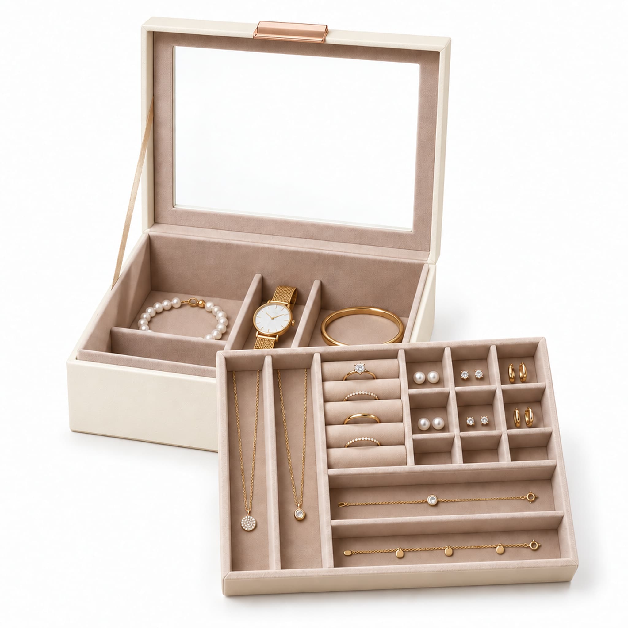 Karat Schmuckk&auml;stchen | Blanche | Schmuckbox mit Glasdeckel & Schubladen | Cremewei&szlig; - Bild 1