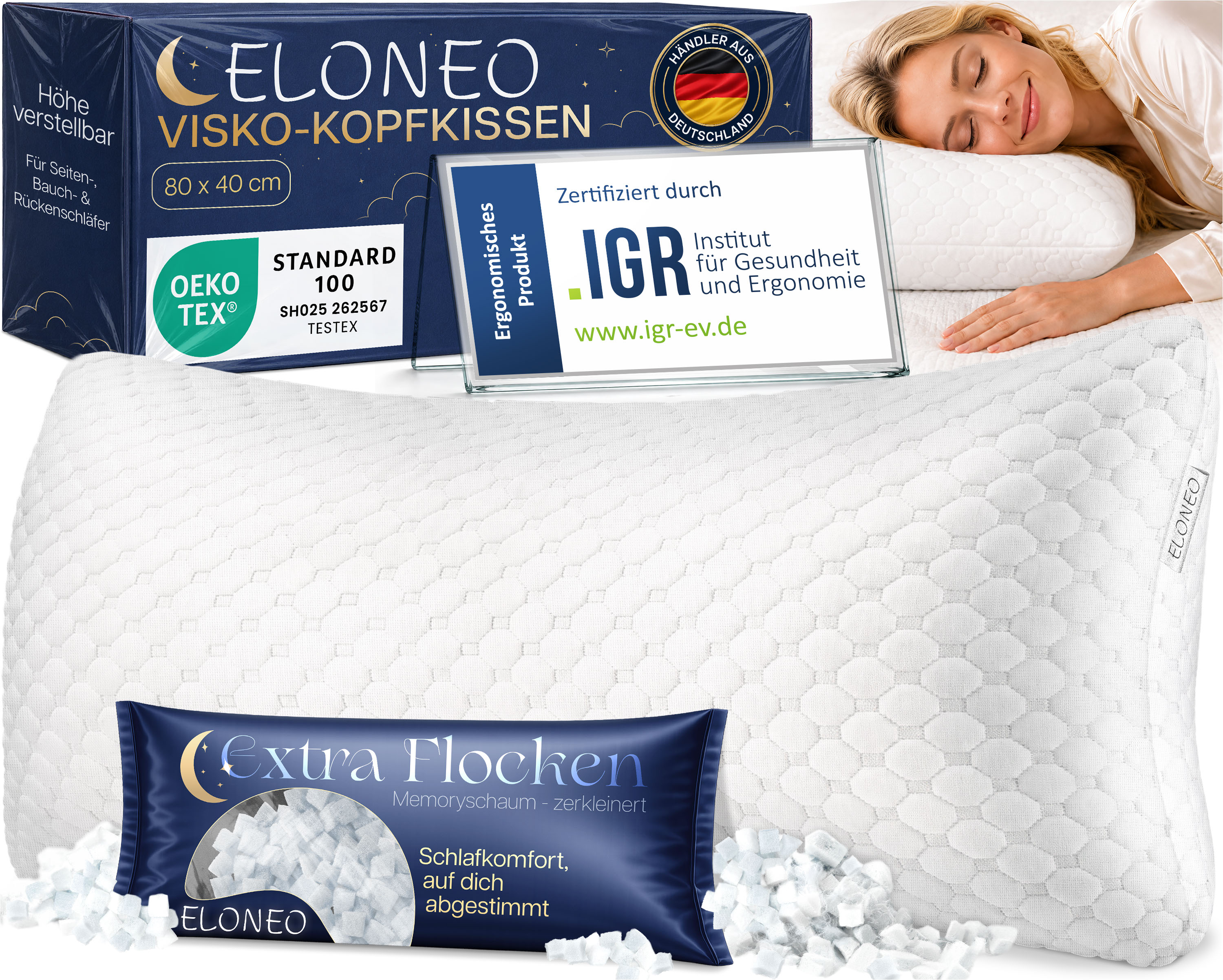 ELONEO Premium Memory Foam Kopfkissen 40x80 cm, ergonomisches Kopfkissen h&ouml;henverstellbar - Bild 1