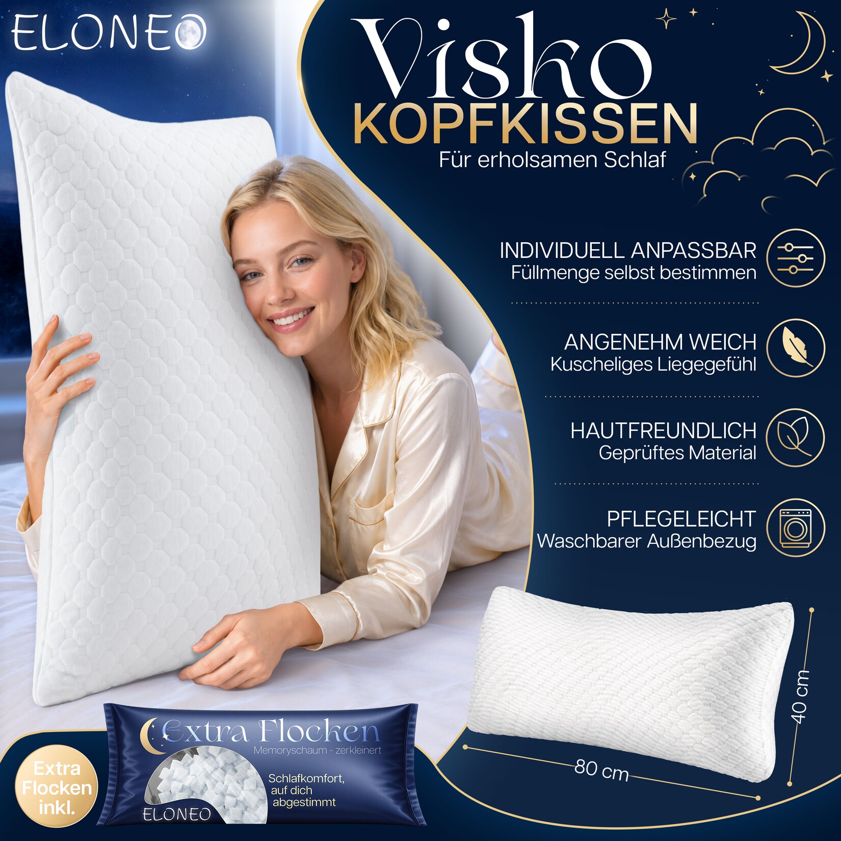 ELONEO Premium Memory Foam Kopfkissen 40x80 cm, ergonomisches Kopfkissen höhenverstellbar