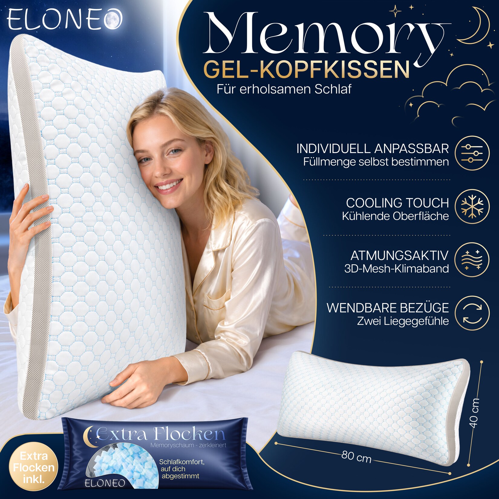 ELONEO Premium Gel Memory Foam Kopfkissen 40x80 cm, ergonomisches Kopfkissen höhenverstellbar
