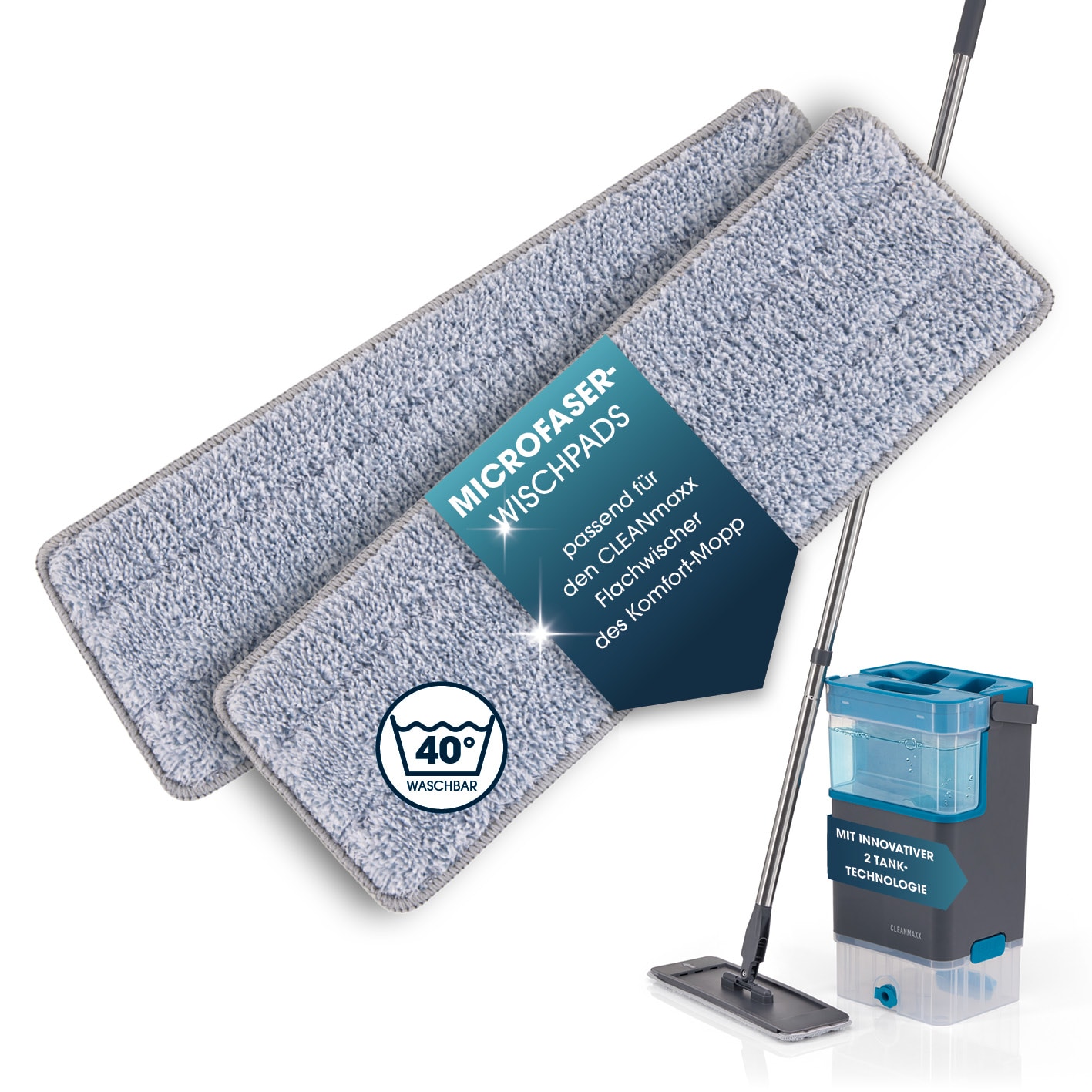 CLEANmaxx Ersatz-Wischtuch 31x10cm grau 2er-Set f&uuml;r Komfort-Mopp - Bild 1