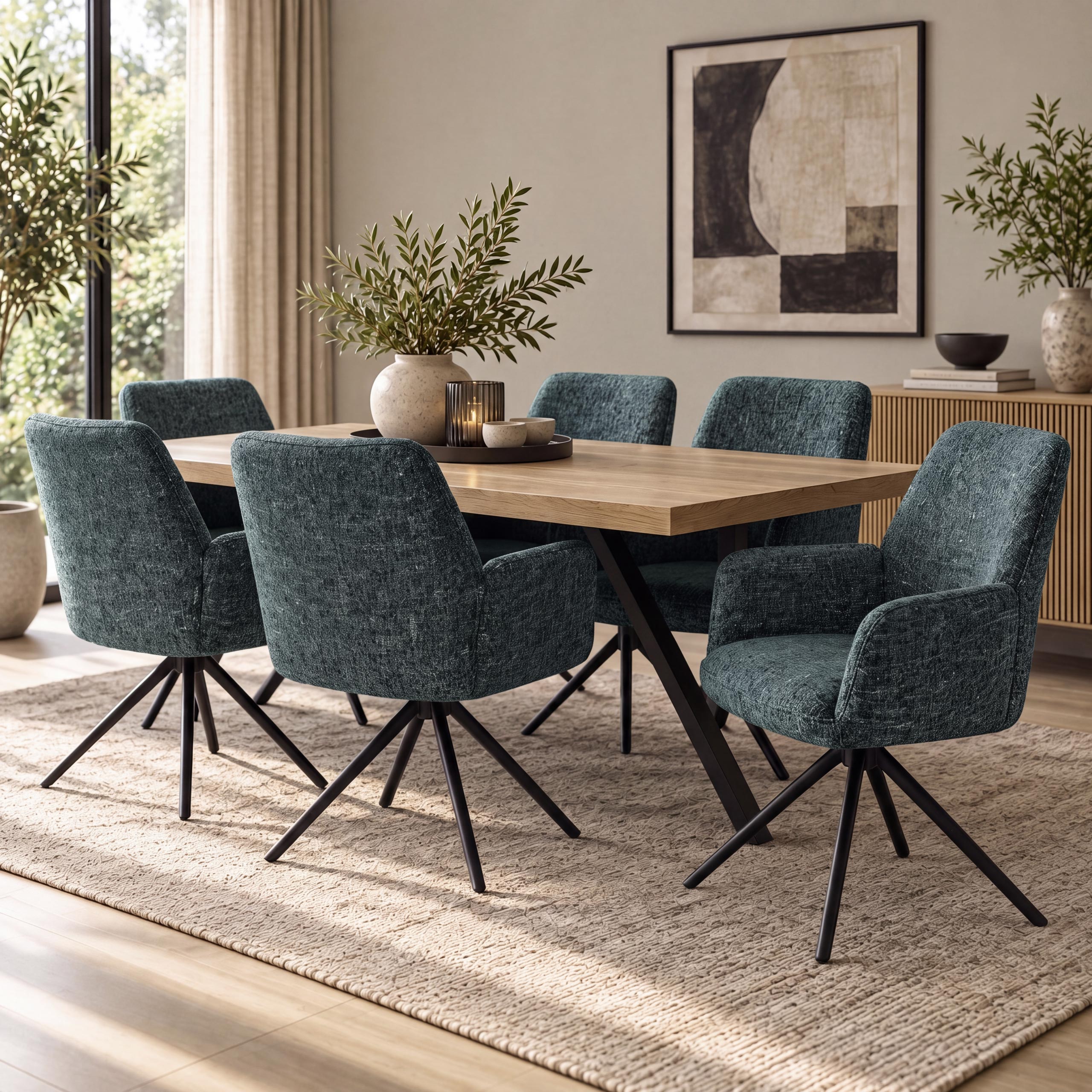 6er-Set Esszimmerstuhl MCW-G67, drehbar Auto-Position Metall Chenille (410g/m&sup2;) ~ Gestell schwarz, dunkelgr&uuml;n - Bild 1
