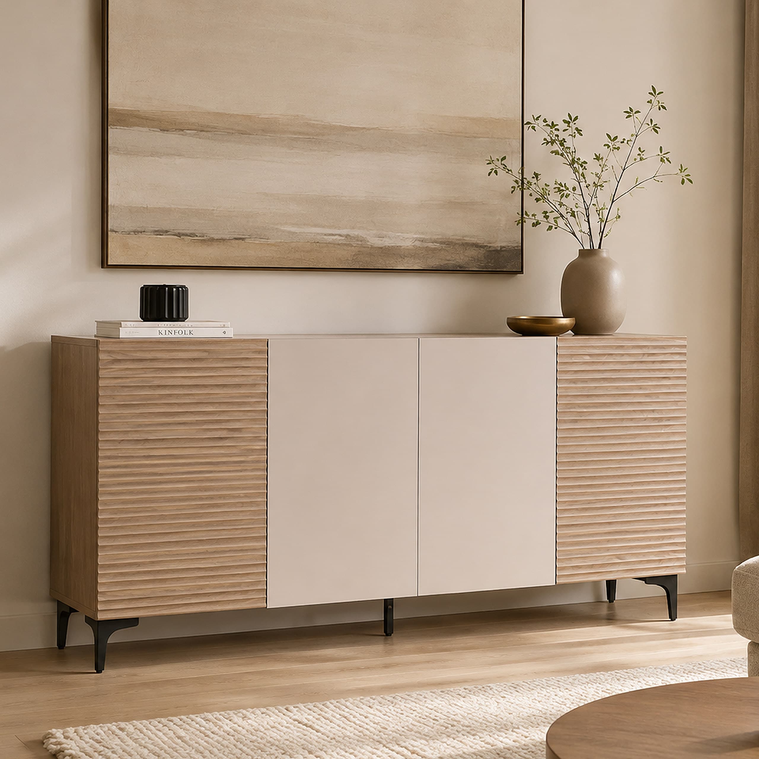 Sideboard MCW-Q84, Schrank Kommode, T&uuml;ren 3D-Struktur Stauf&auml;cher MDF Melamin 80x160x42cm ~ Nussbaum-Optik hell - Bild 1