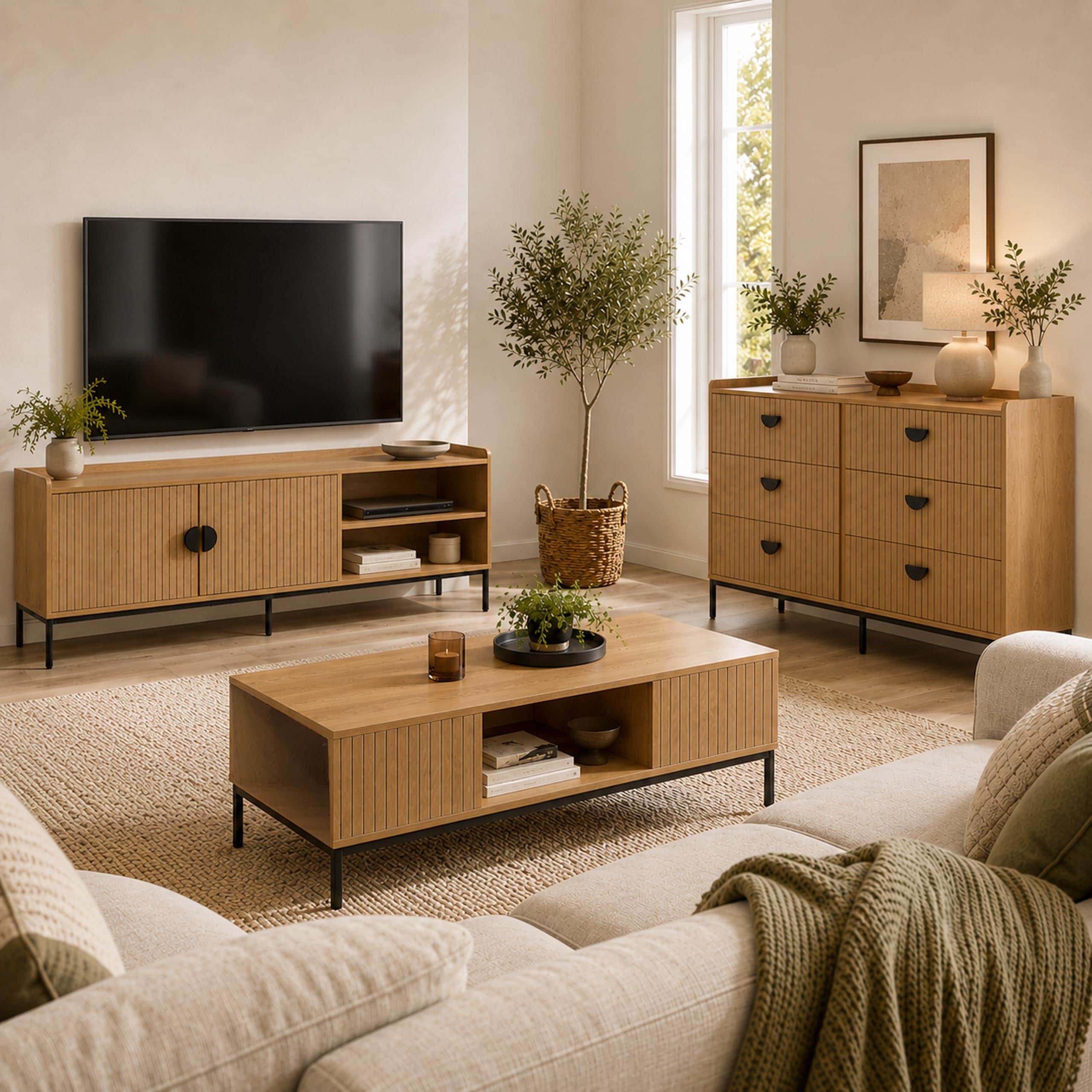 Wohnzimmer-Set MCW-O39, TV-Rack Kommode Couchtisch, Ablage Schubladen, Melamin MDF ~ natur - Bild 1