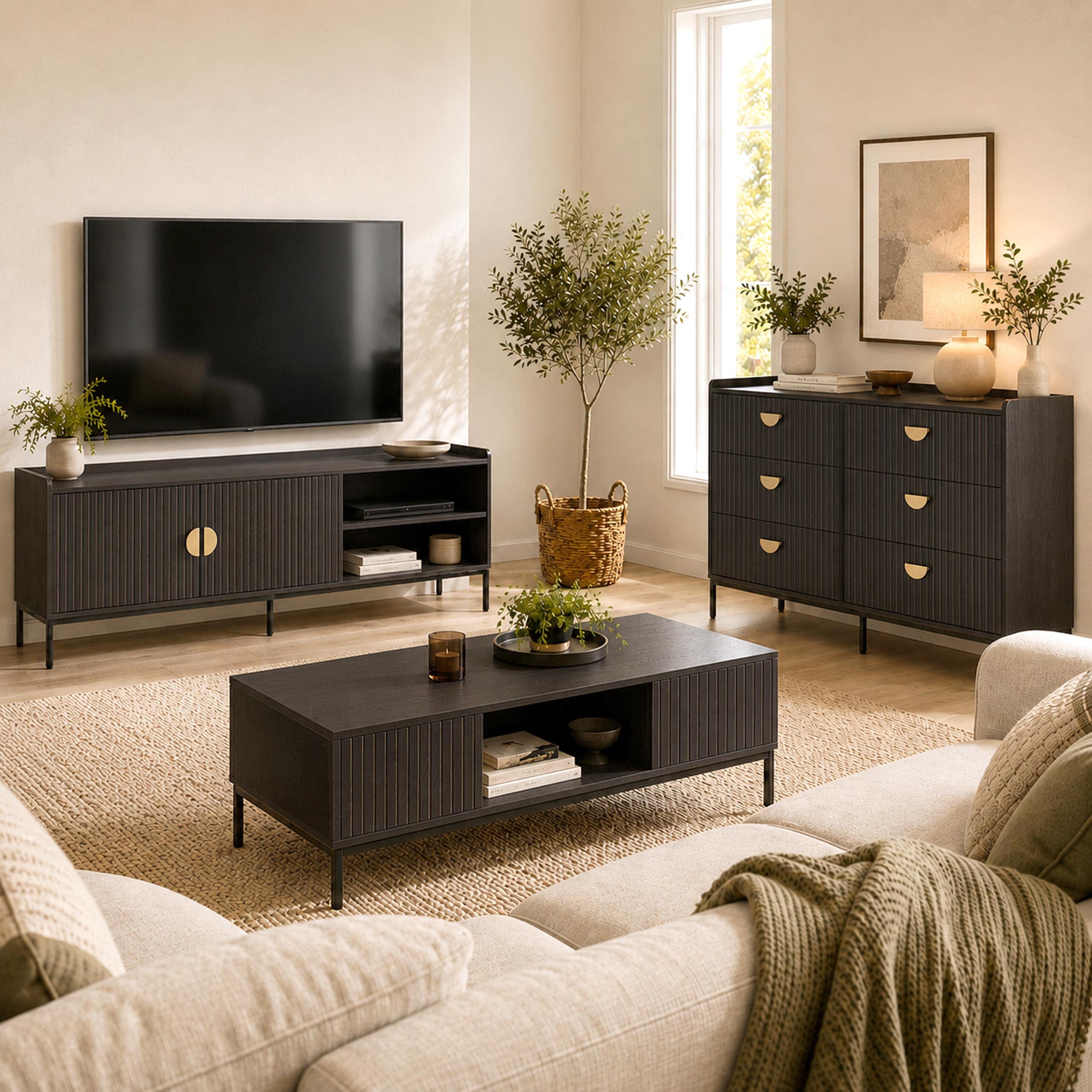 Wohnzimmer-Set MCW-O39, TV-Rack Kommode Couchtisch, Ablage Schubladen, Melamin MDF ~ Holzoptik schwarz - Bild 1