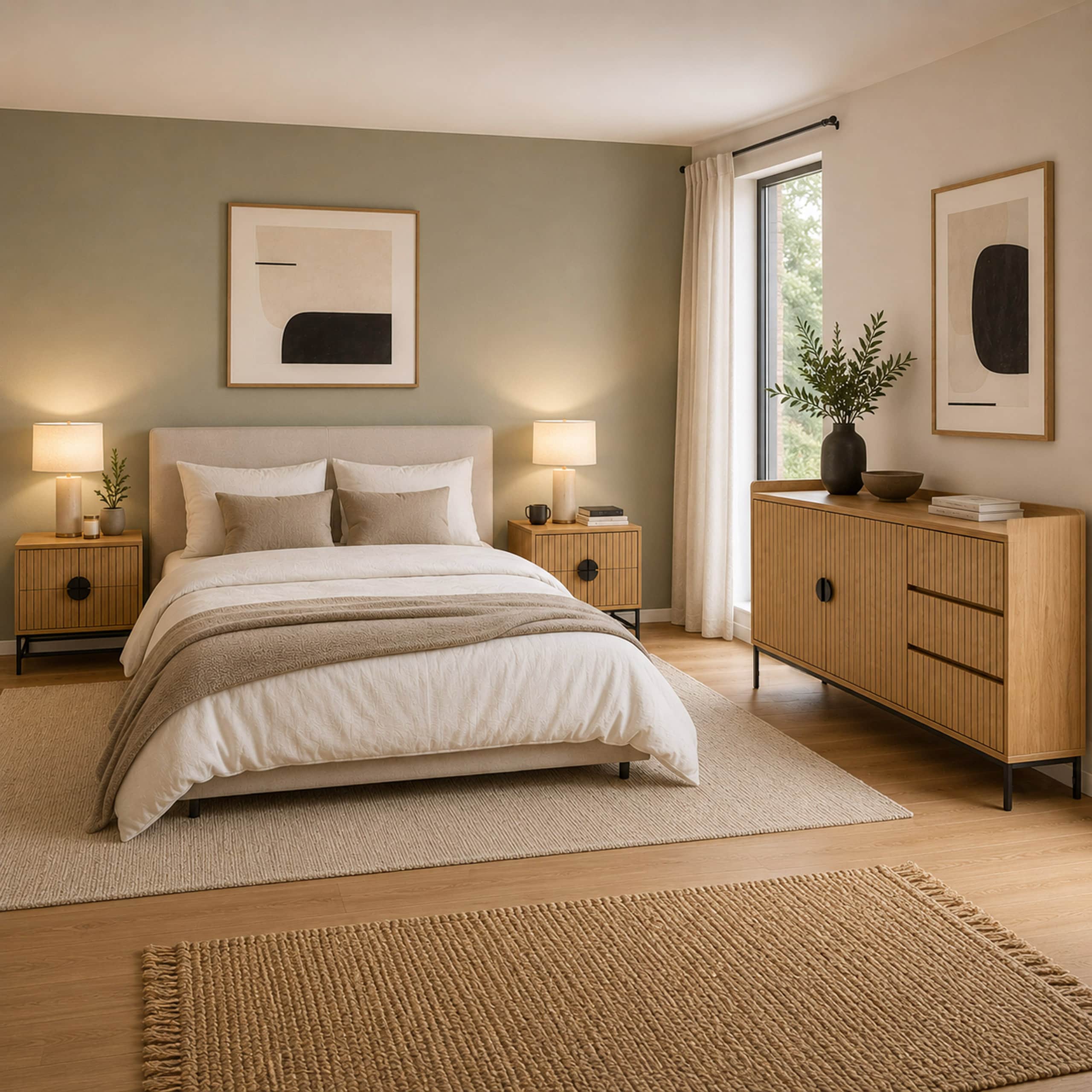 Schlafzimmer-Set MCW-O39, 2x Nachttisch 1x Sideboard, Schubladen Melamin MDF Metall ~ natur - Bild 1